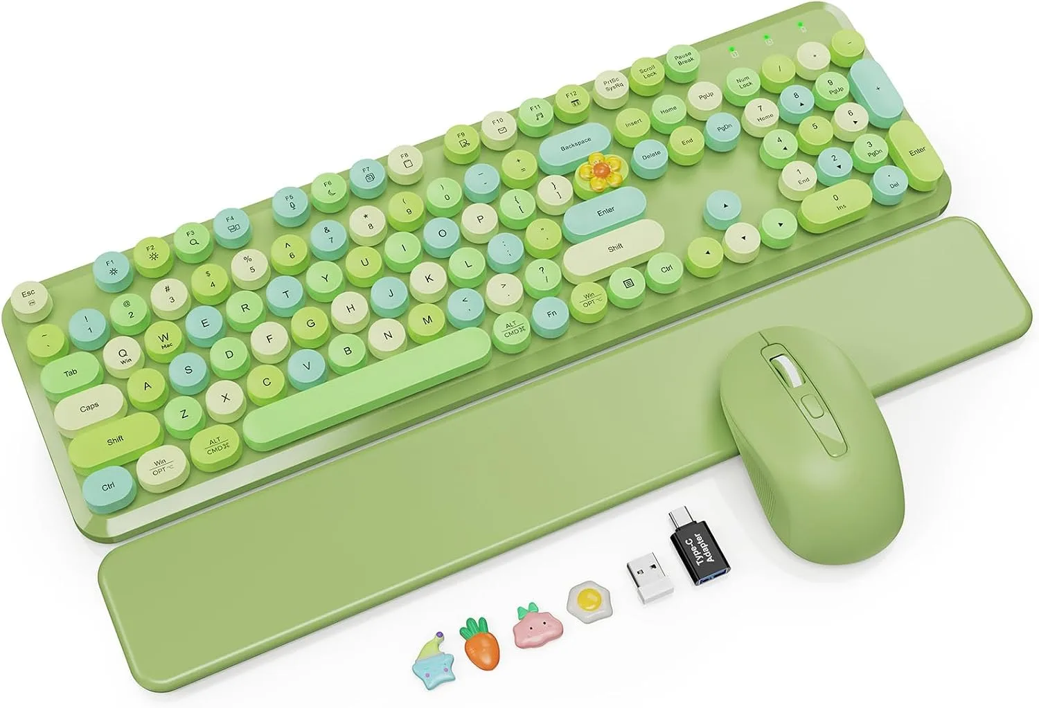 Wireless Keyboard and Mouse Combo, Magnetic Wrist Rest, Round Keycap, Green