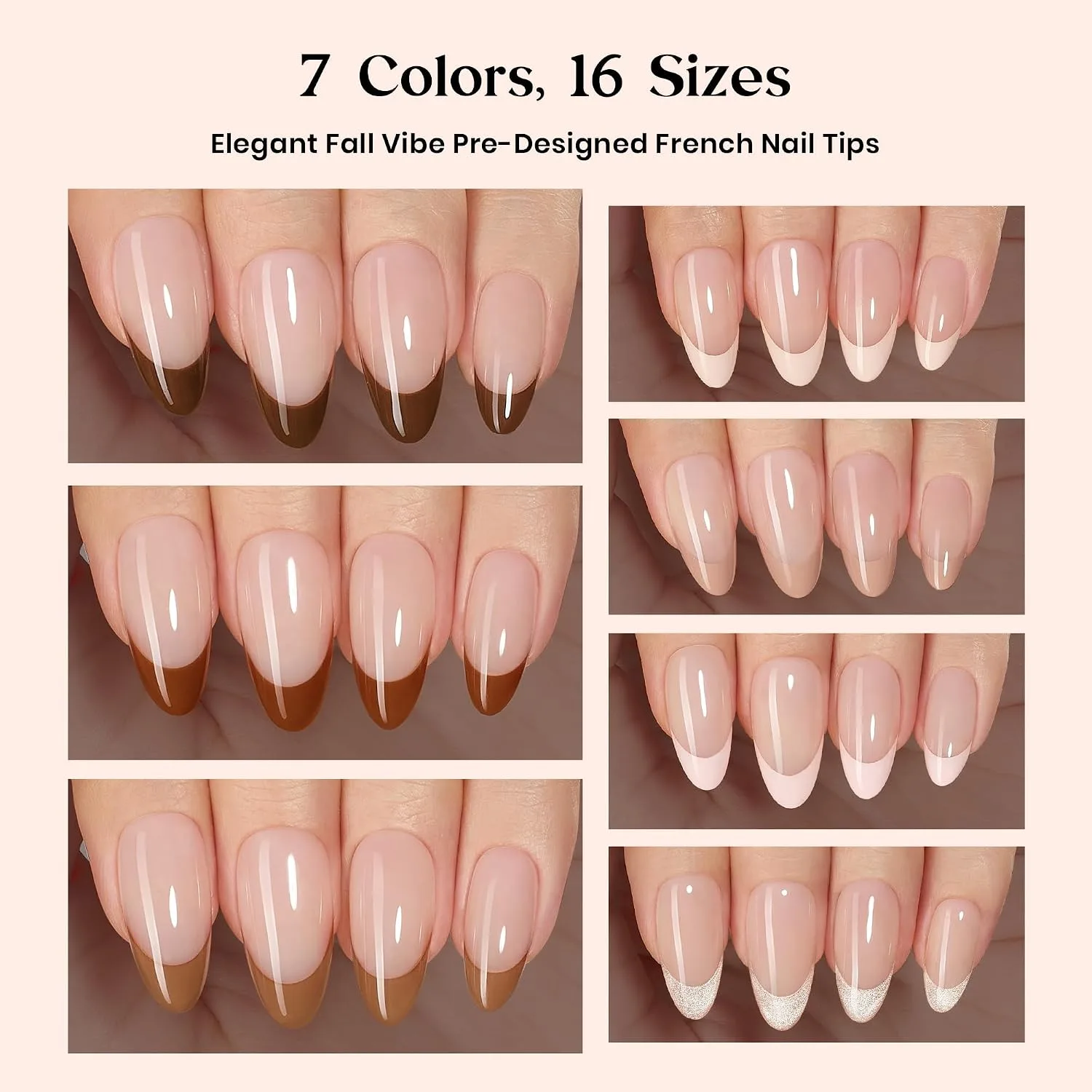 Beetles French Tip Press On Nails - Medium Almond 7 Colors, Brown 224 Pcs