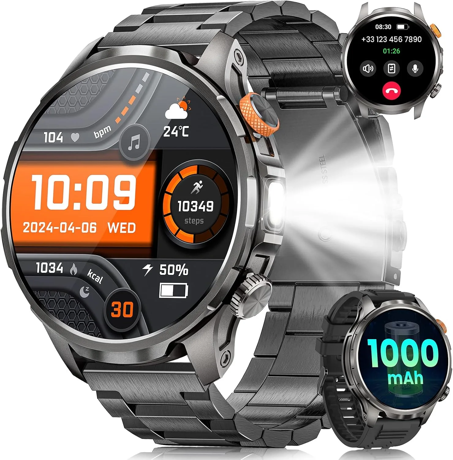 Military Smartwatch for Men 1000mAh Fitness Tracker Rugged Men Watch 2Bands