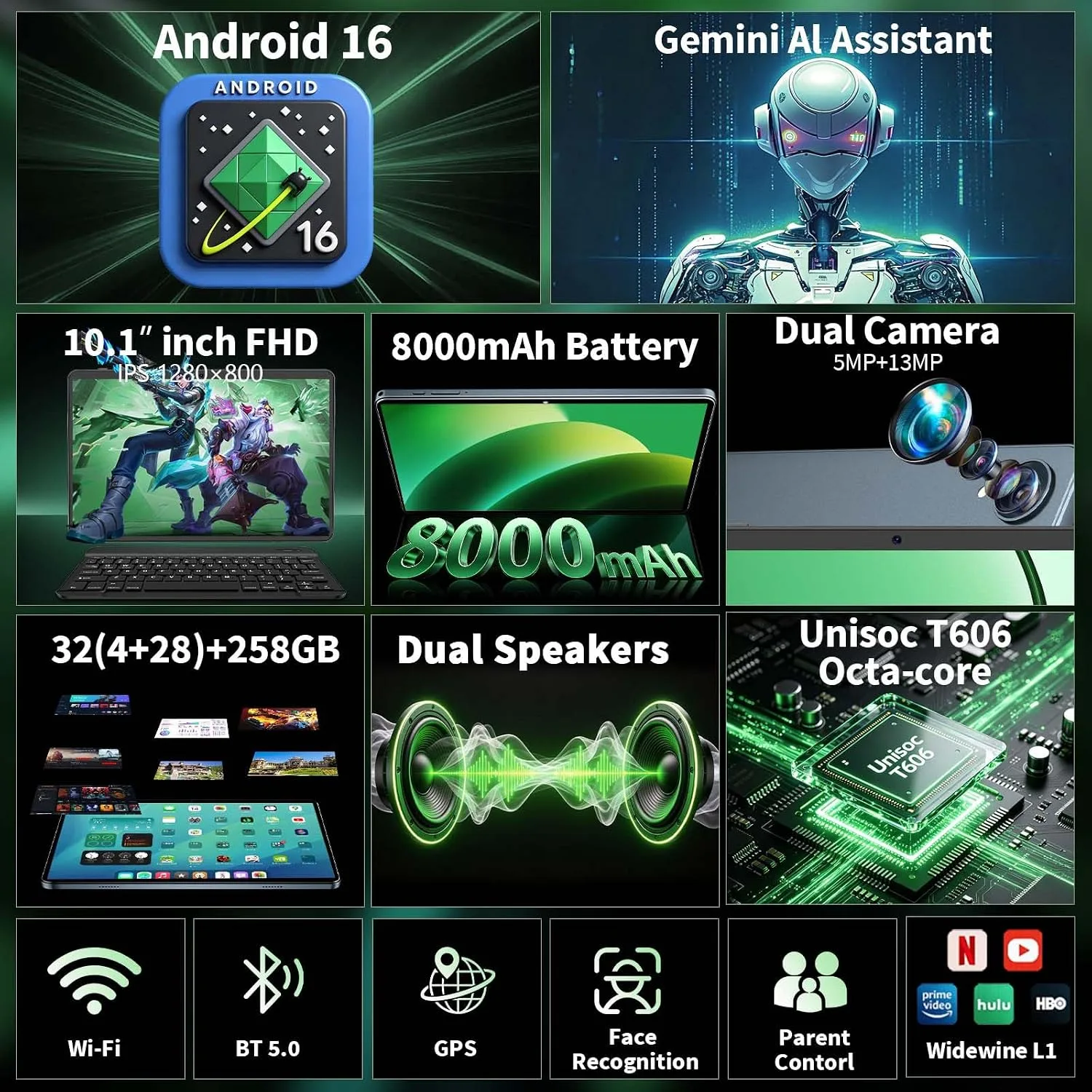 Tablet, 10 Inch Android 16 Tablet with Keyboard, Gemini AI, 32GB+256GB+2TB