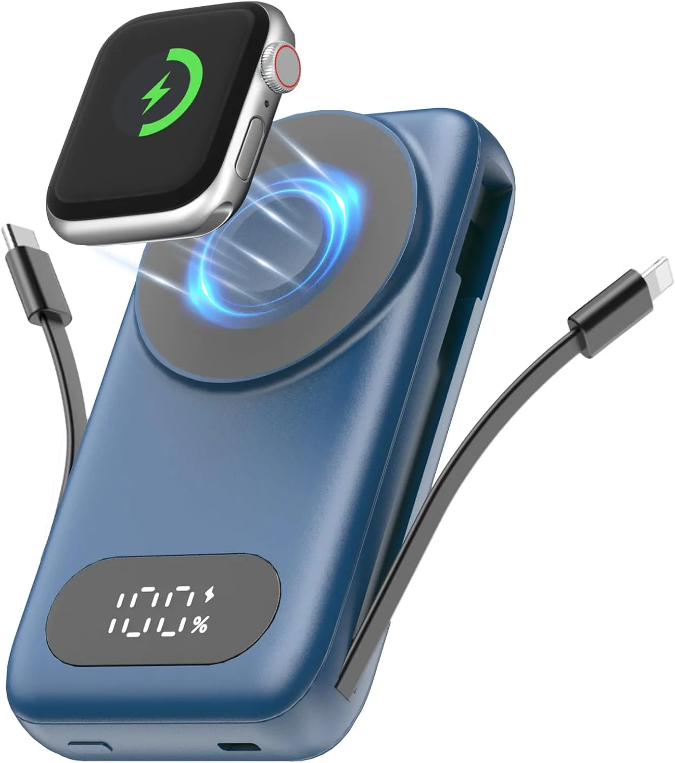 SHENMZ Magnetic Portable Charger 26800mAh for iPhone 18/17/16/15/14/13/12 with Built-in Cables， iWatch Charger，Wireless Power Bank for Apple Watch and for airpods,Galaxy, Android Phones(Blue)