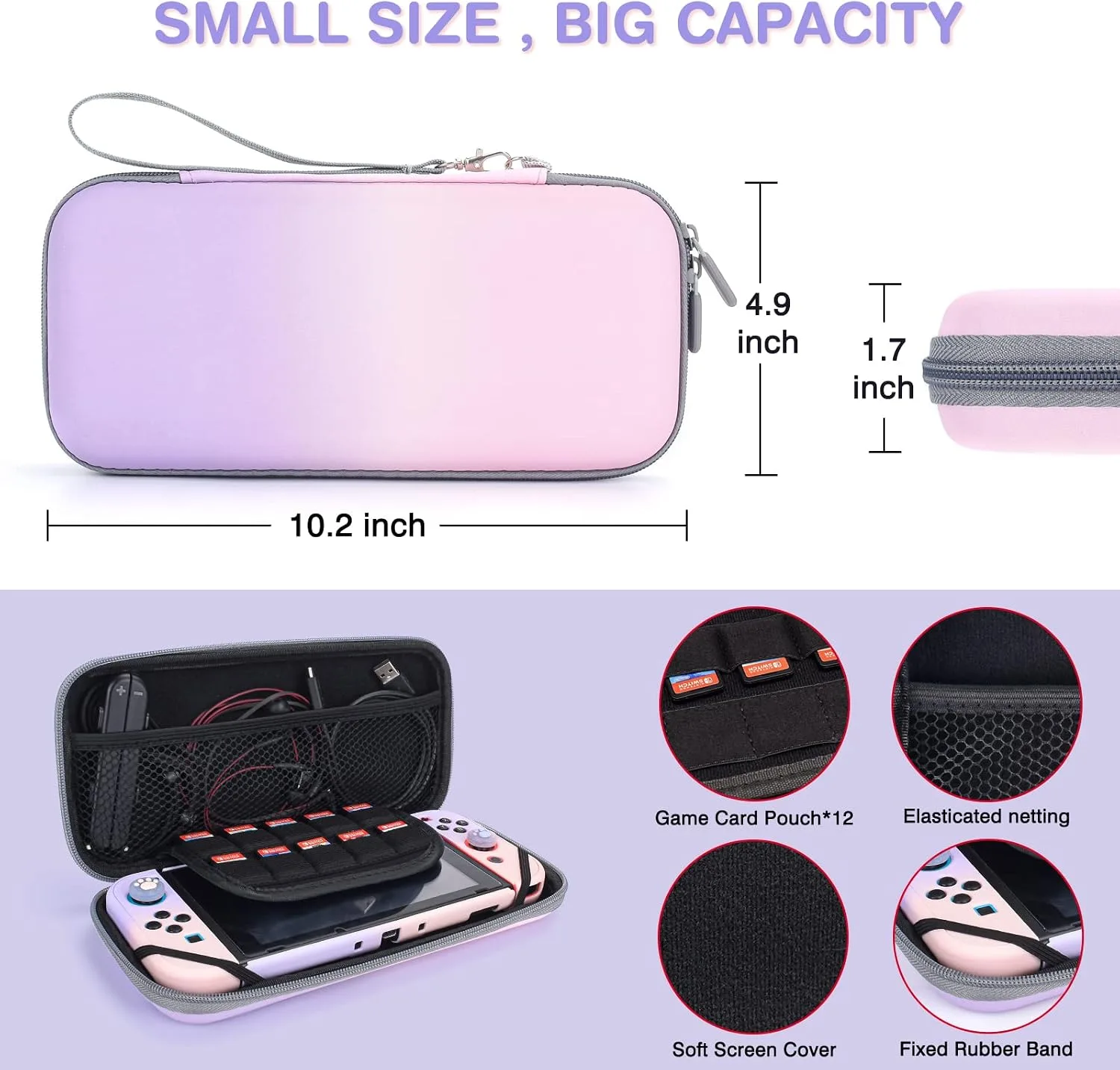 DLseego Pink and Purple Switch Case Set Gradient Carrying Case with 10 Slots Cute Protective Dockable Hard Shell with 4PCS Glitter Cat Paw Thumb Grips Caps and 1PC Flower Blossom Chain For Switch 2017
