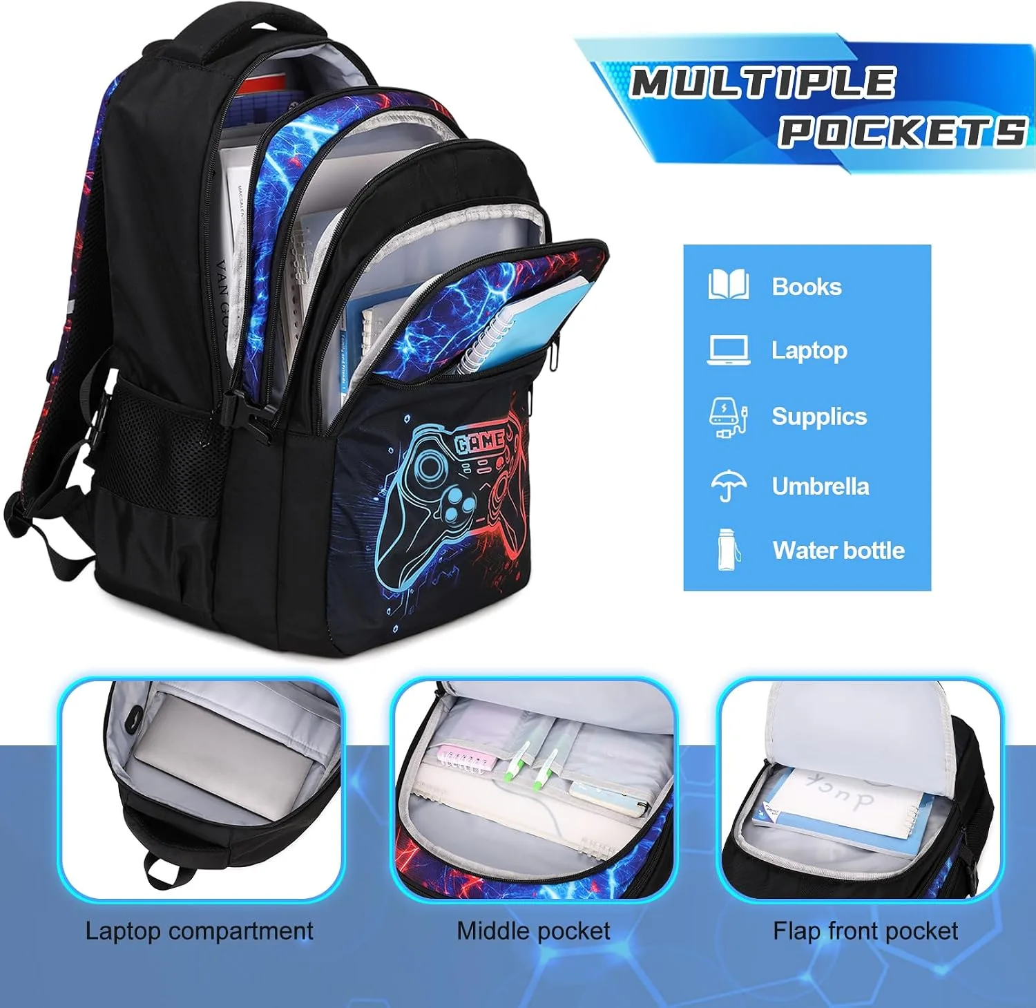 DIGOBAY Boys Backpack for School, 6PCS Cool Luminous Gamer Backpack for Boys with 14oz Insulated Water Bottle Lunch Box Pencil Case, Kids Backpacks Bookbag for Teen Boys Elementary Middle High School