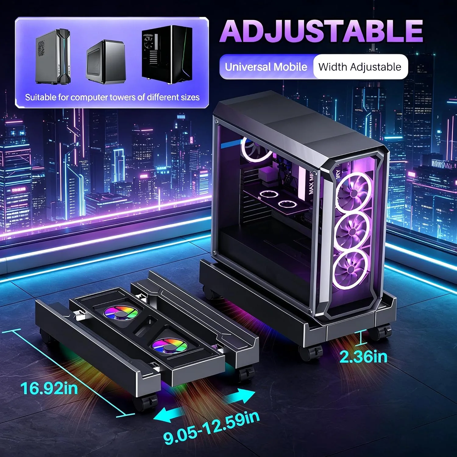 Adjustable PC Tower Stand with Cooling Fans, Fits Most PC
