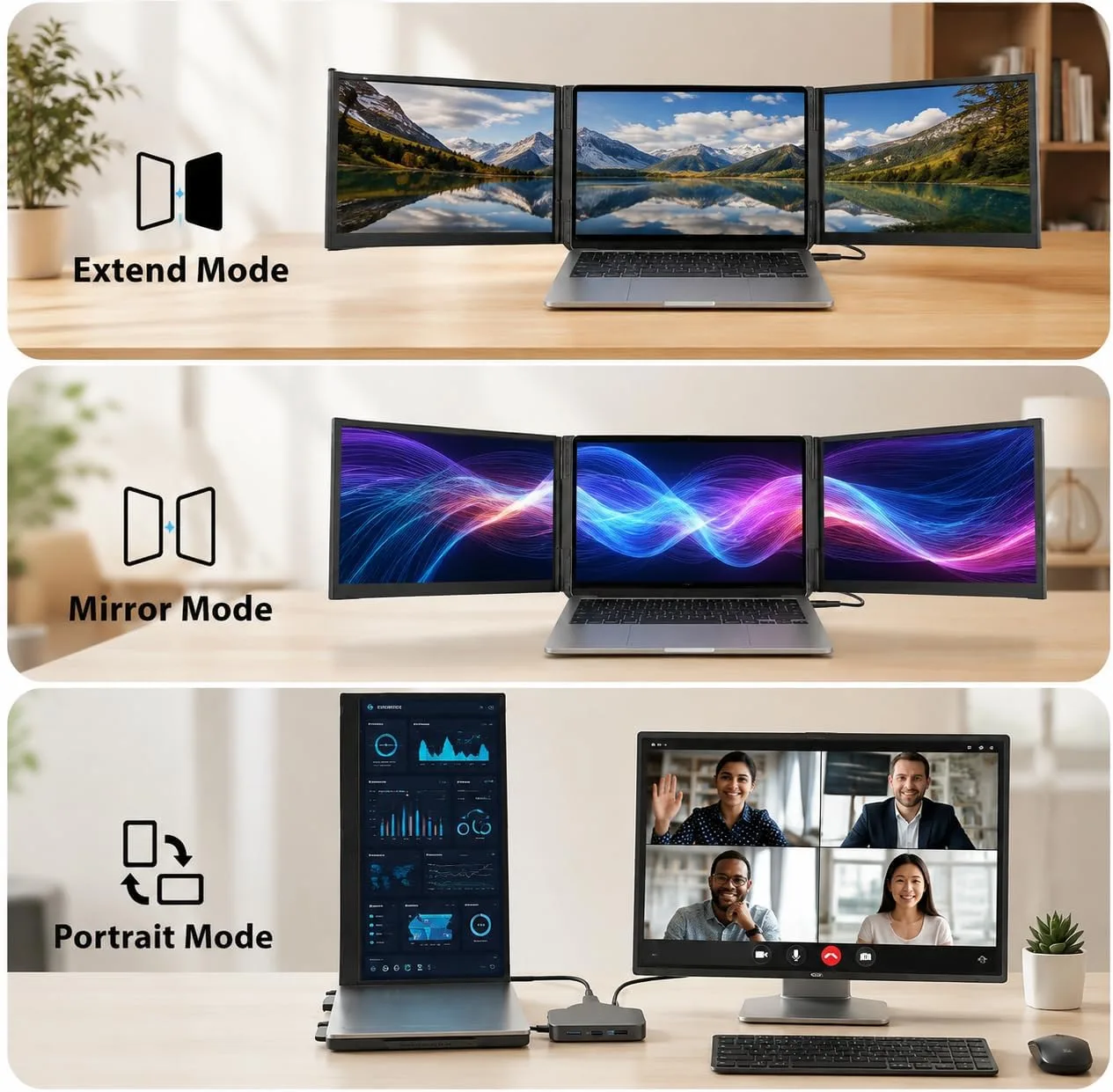 APILDELLA 16" Triple Laptop Screen Extender, 1200P 16:10 Portable Dual Monitor for Laptop USB C HDMI, 0.2" Ultra-Slim & 4 lbs, Plug-Play Monitor Extender for Mac/Windows, Fit 13"-17.3" Laptops
