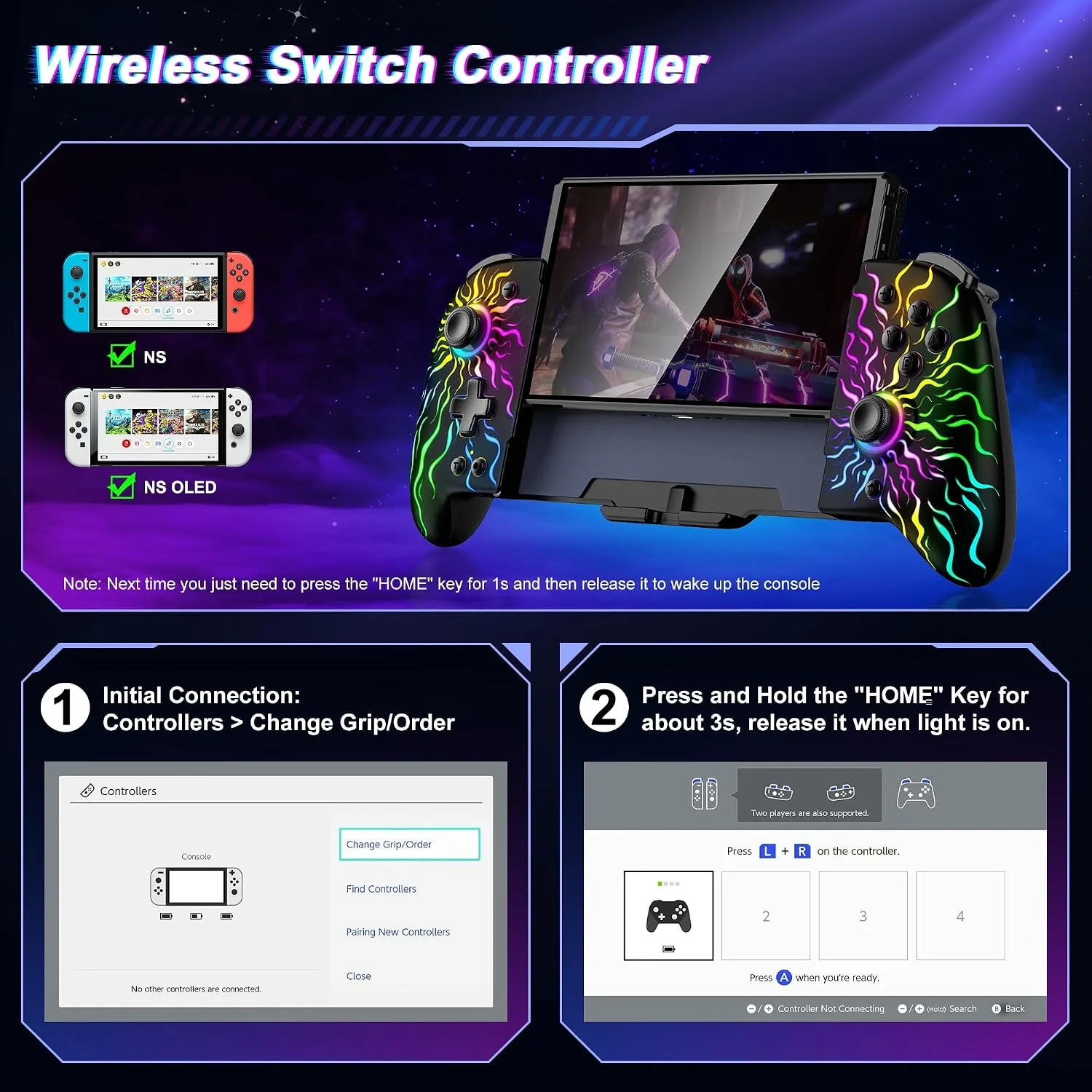 Gammeefy Switch Controller – Hall Effect Joysticks & Enhanced Grip – One Piece Switch Joypad Replacement Switch Pro Controller with 8-Color RGB Lighting, Turbo, Macros -Multi-Colored Sunburst, 6.2"/7"