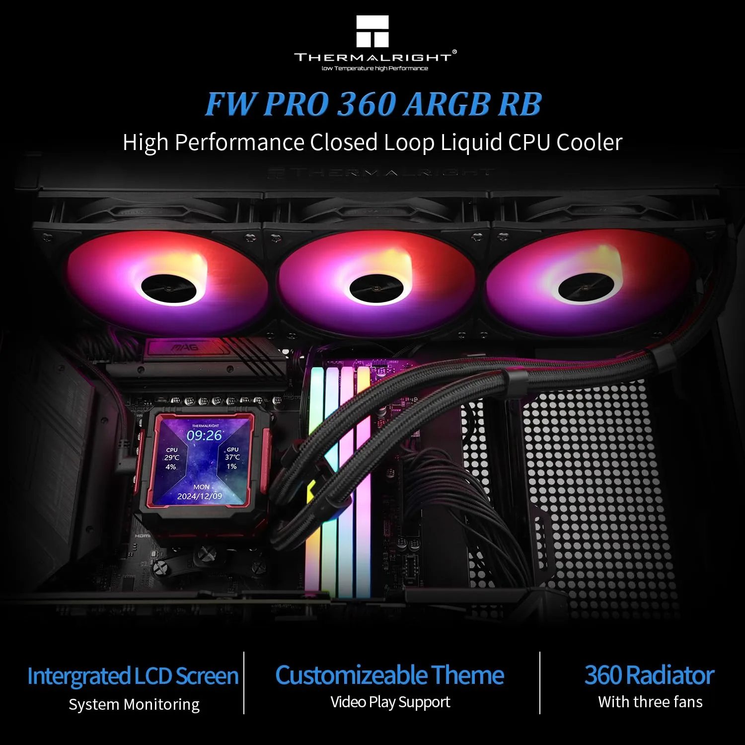Thermalright FW PRO 360 ARGB RB CPU AIO Cooler,Computer Water Cooler System,IPS LCD Screen with 320x320 Resolution,for AM5,Intel LGA1700/1851,CPU Cooler with 2.73-in LCD Display,Magnetic Cold Head-Red