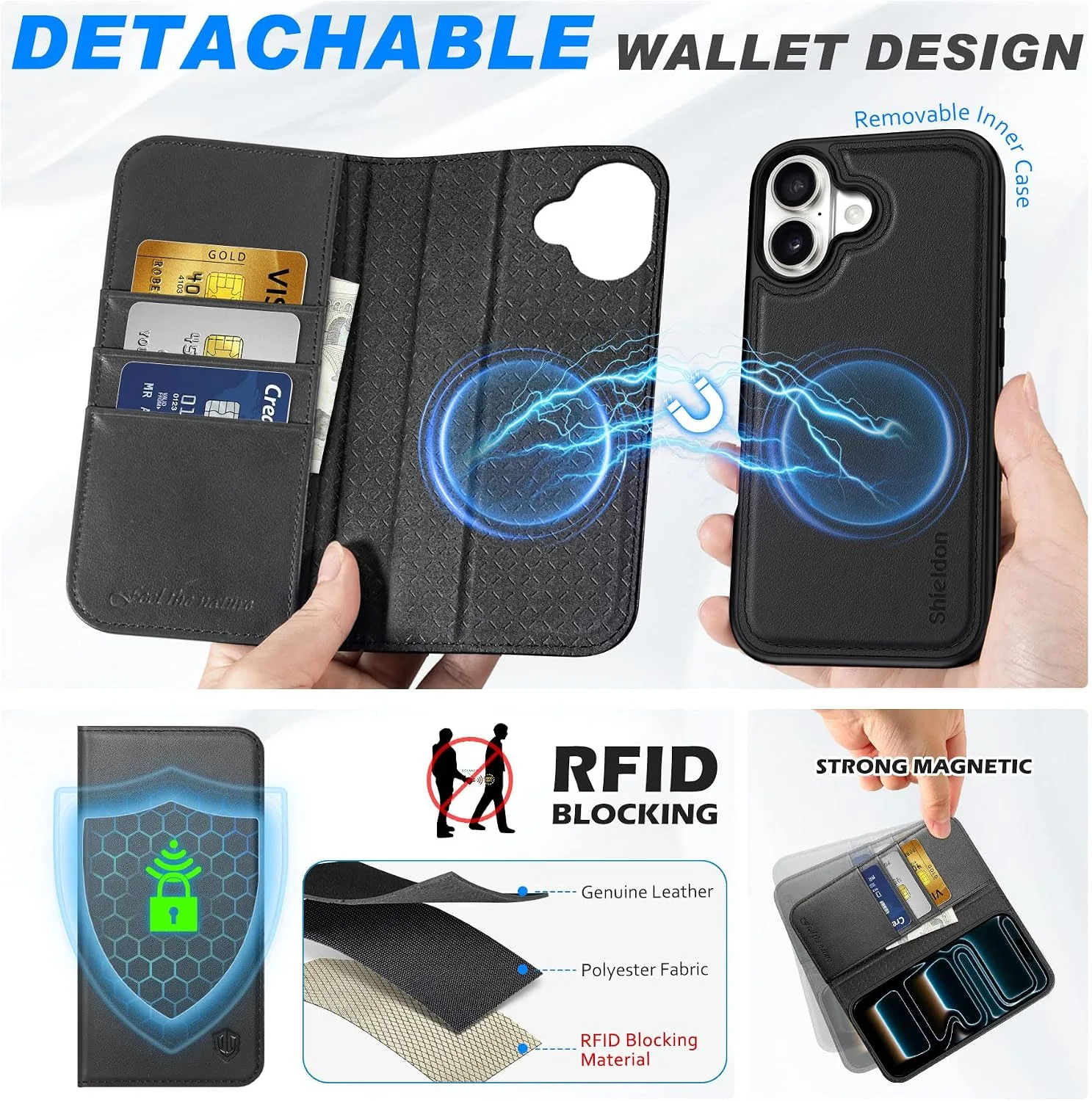 SHIELDON Detachable Genuine Leather Wallet Case for iPhone 17 6.3", Black