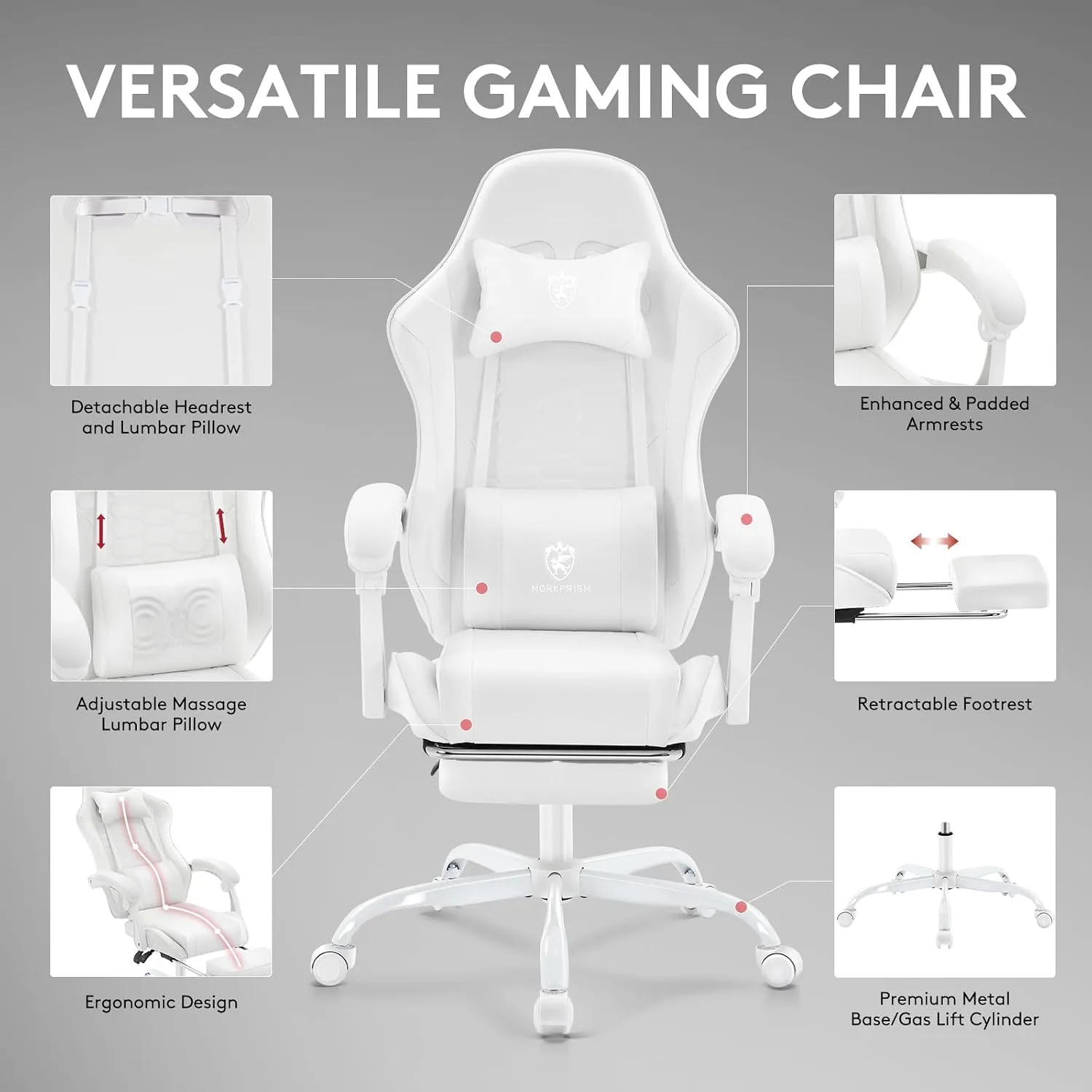 Gaming Chair,Computer Office Chair with Massage,Gel Pad,White