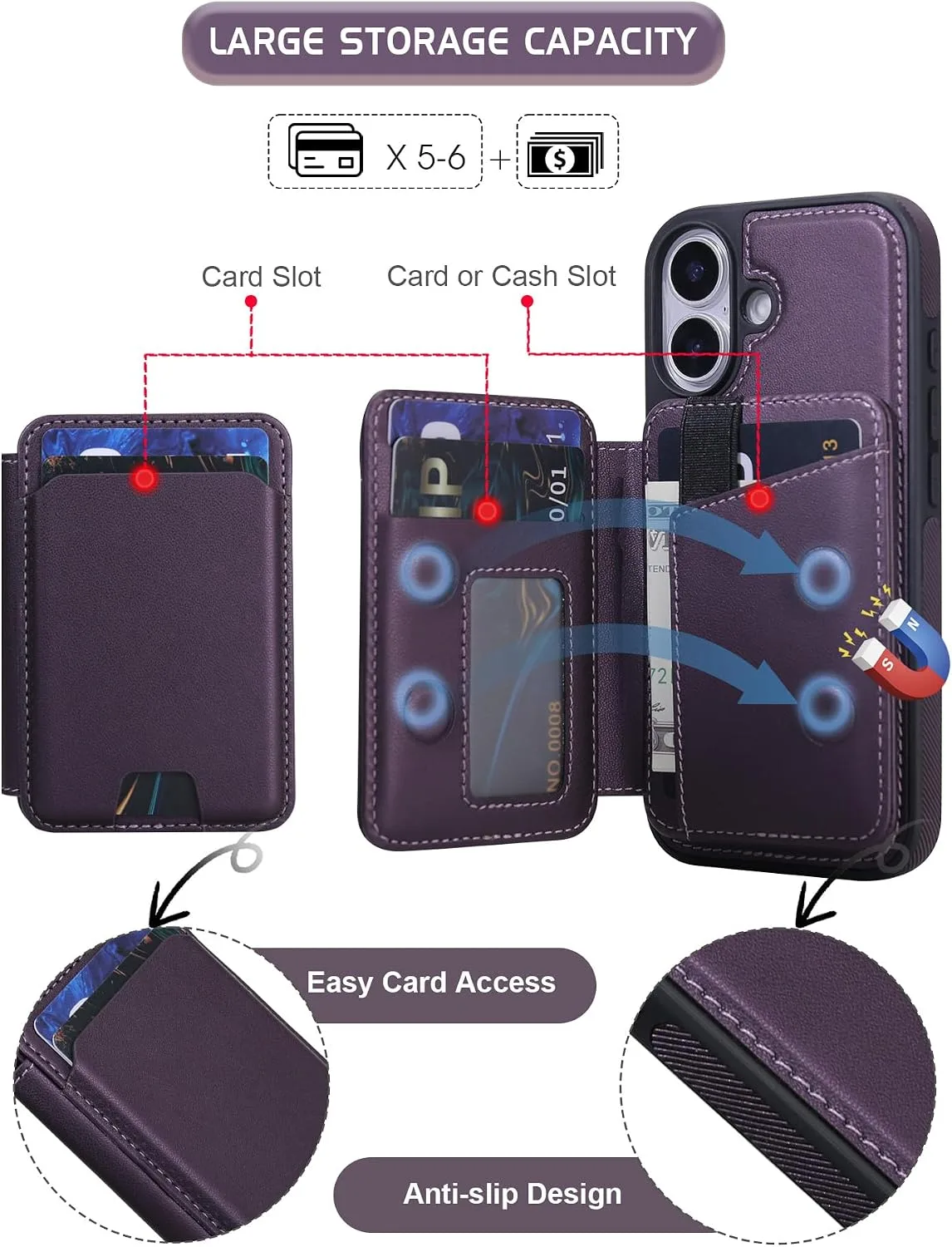 Magnetic Detachable Wallet Case for iPhone 16 with Kickstand,2-in-1 MagSafe Compatible RFID Blocking Card Holder,Slim PU Leather Cover Purple