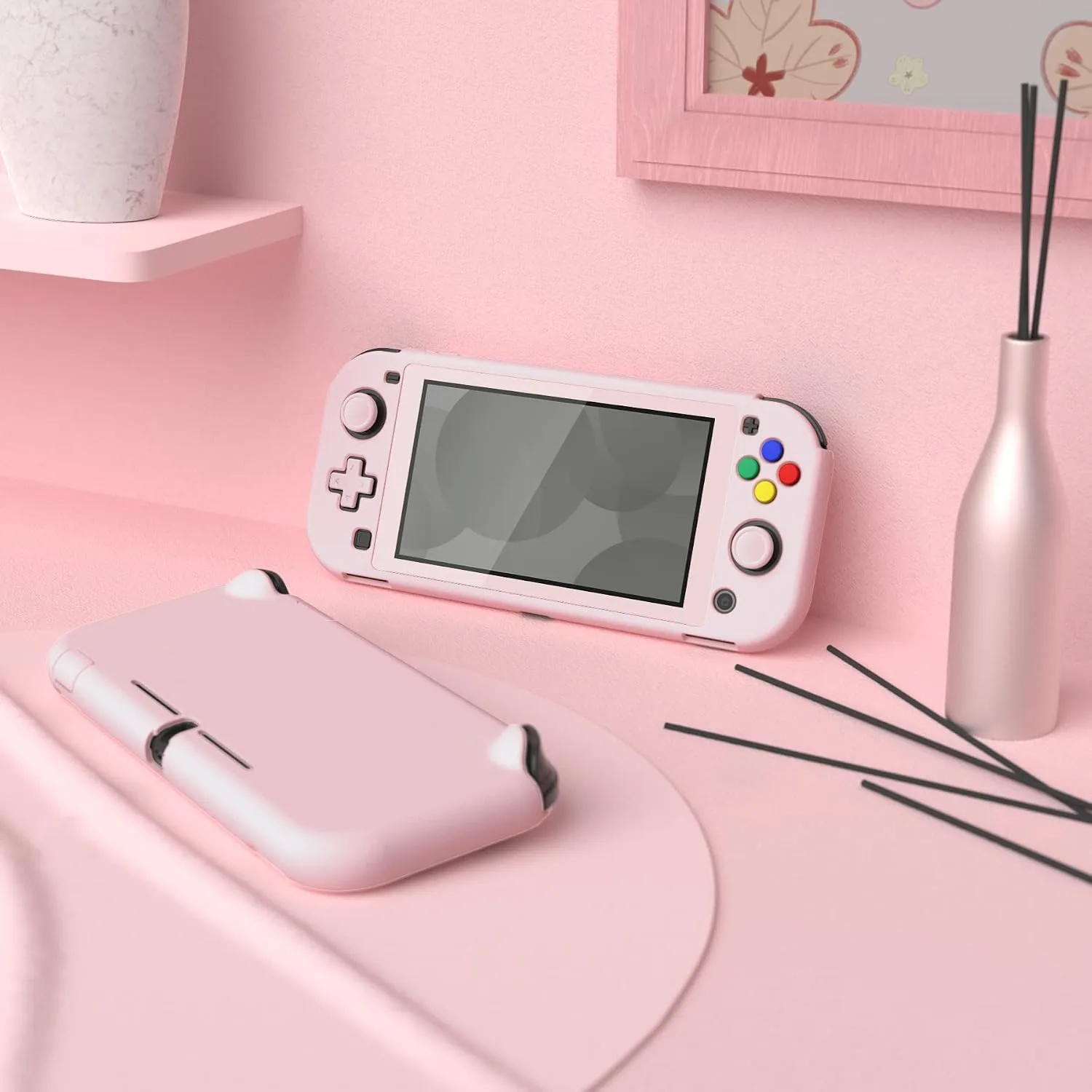 eXtremeRate PlayVital Protective Grip Case for Nintendo Switch Lite, Cherry Blossoms Pink Hard Cover Protector for Nintendo Switch Lite - 1 x White Border Tempered Glass Screen Protector Included