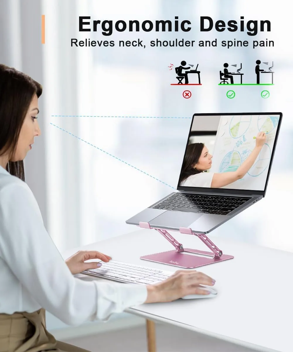 Aoviho Laptop Stand Holder, Adjustable Desk Laptop Riser, Foldable Notebook Computer Stands for MacBook Air Pro HP Lenovo Dell Samsung Chromebook, Up to 15.6 inch, Rose Gold