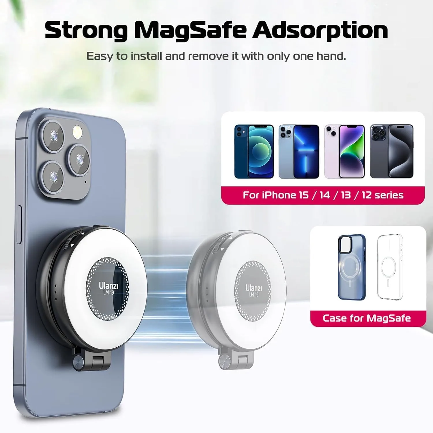 ULANZI LM19 Magnetic Selfie Light, LED Phone Ring Light for iPhone MagSafe, CRI95+ 2500K-8500K Portable Magnetic Phone Fill Lights for Selfies TikTok Video Call Makeup Photography YouTube Vlog - Black