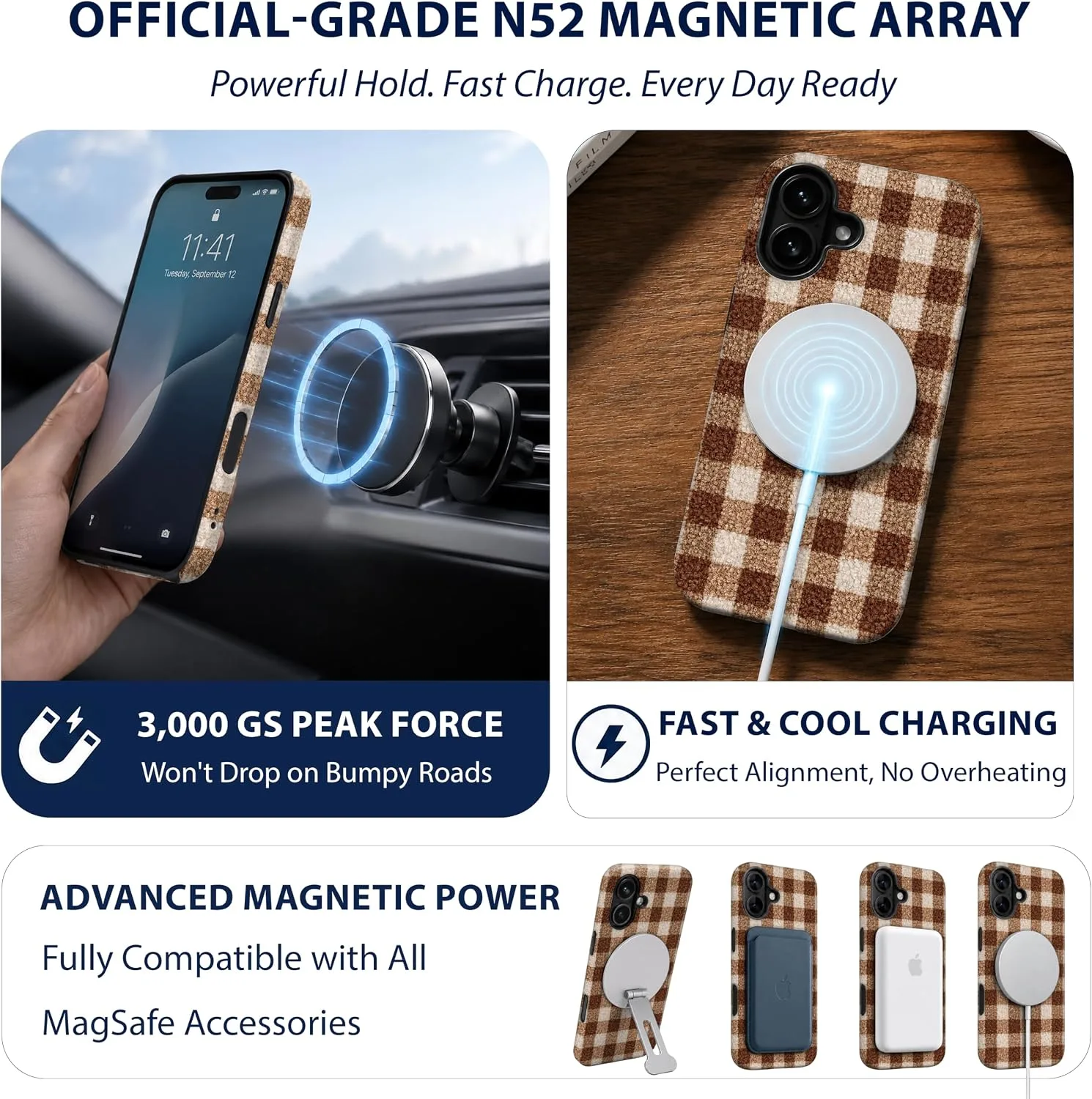 Magnetic for iPhone 17 Winter Chic Fall Brown Gingham Phone Case