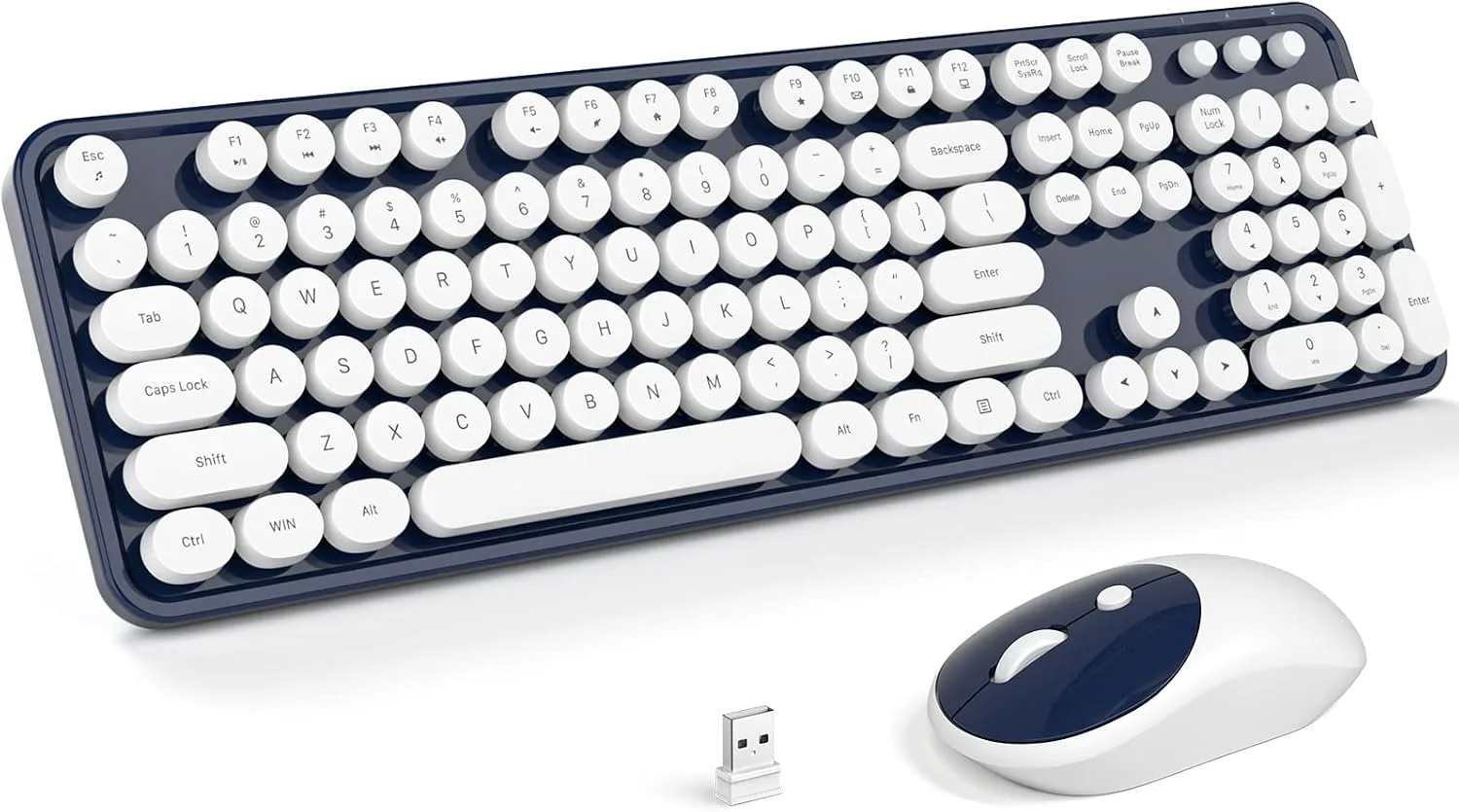 MOFII Wireless Keyboard and Mouse Combo, Computer Full Size 2.4G Plug and Play Wireless Typewriter Retro Round Keyboard and Mouse Set for Windows, Computer, Desktop, PC, Notebook - (Dark Blue)