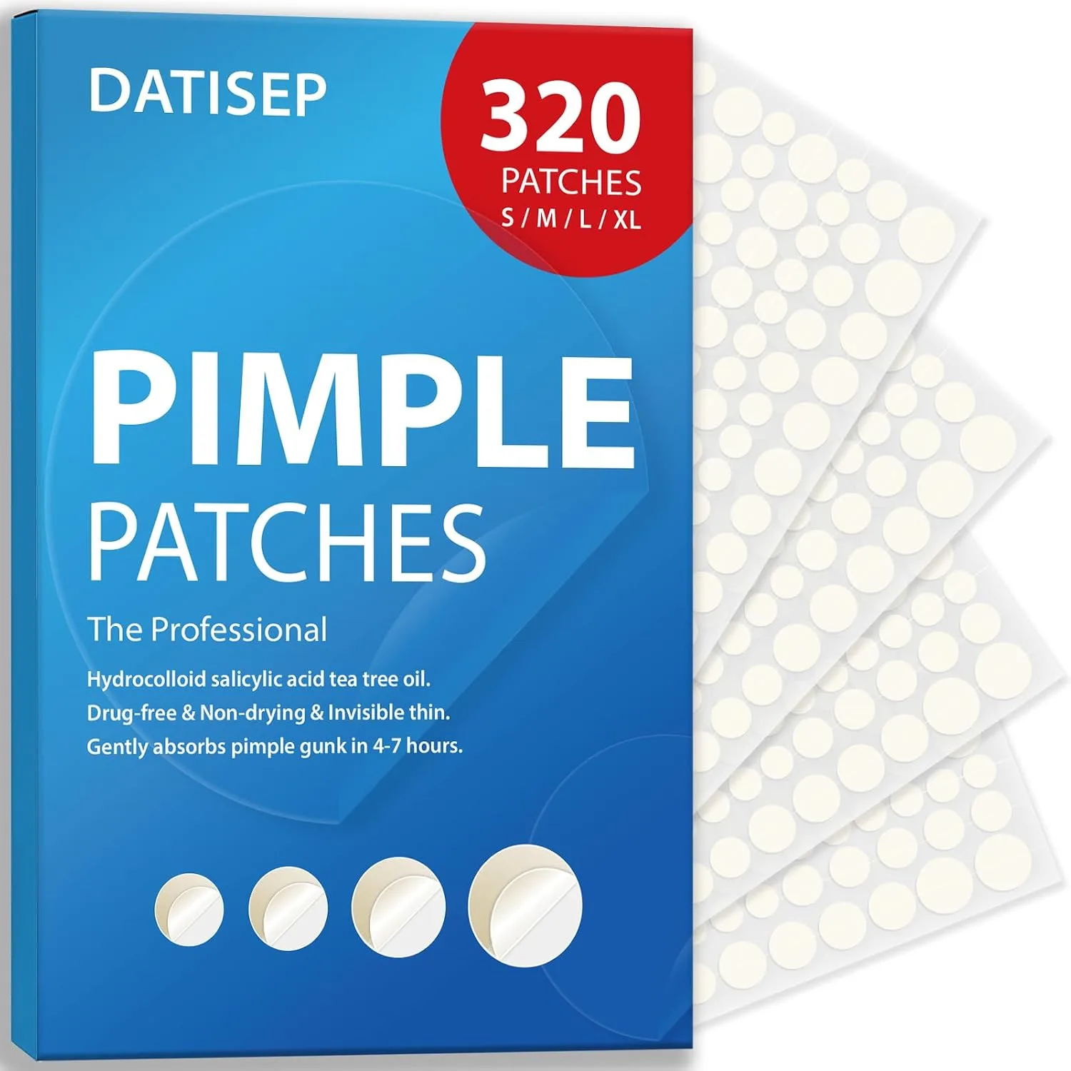 Pimple Patches for Face, 320 Count Hydrocolloid Acne Patch, 4 Sizes Zit Patches for Covering, Blemishes and Breakouts, Dots Stickers with Salicylic Acid, Tea Tree Oil & Calendula Oil
