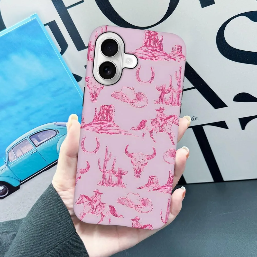 Case Compatible with iPhone 17,Fall Prevention Hybrid 2-Layer Hard Shell Phone Cover for Girls Boys,Pink Hat Horse Western Cowboy