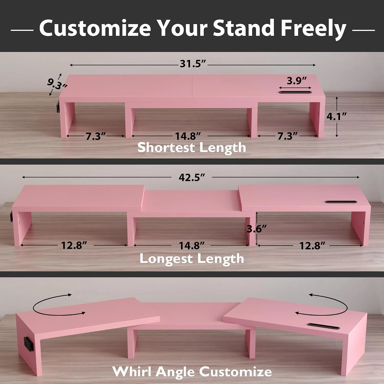BONTEC Dual Monitor Stand Riser, Adjustable Length & Swivel Angle, Pink