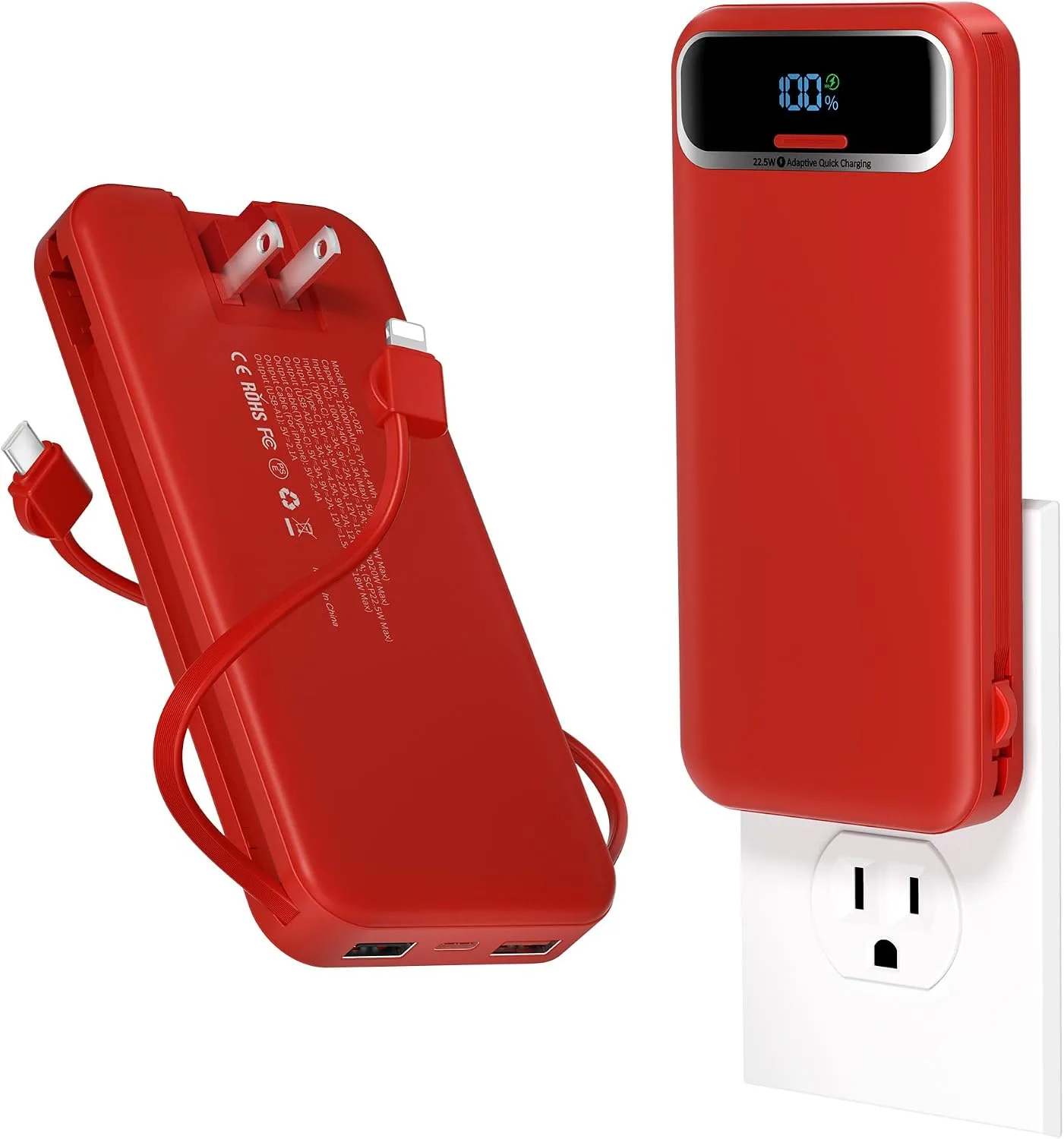 aonidi Portable Charger 12000mAh with Built-in Cables&AC Wall Plug, Red