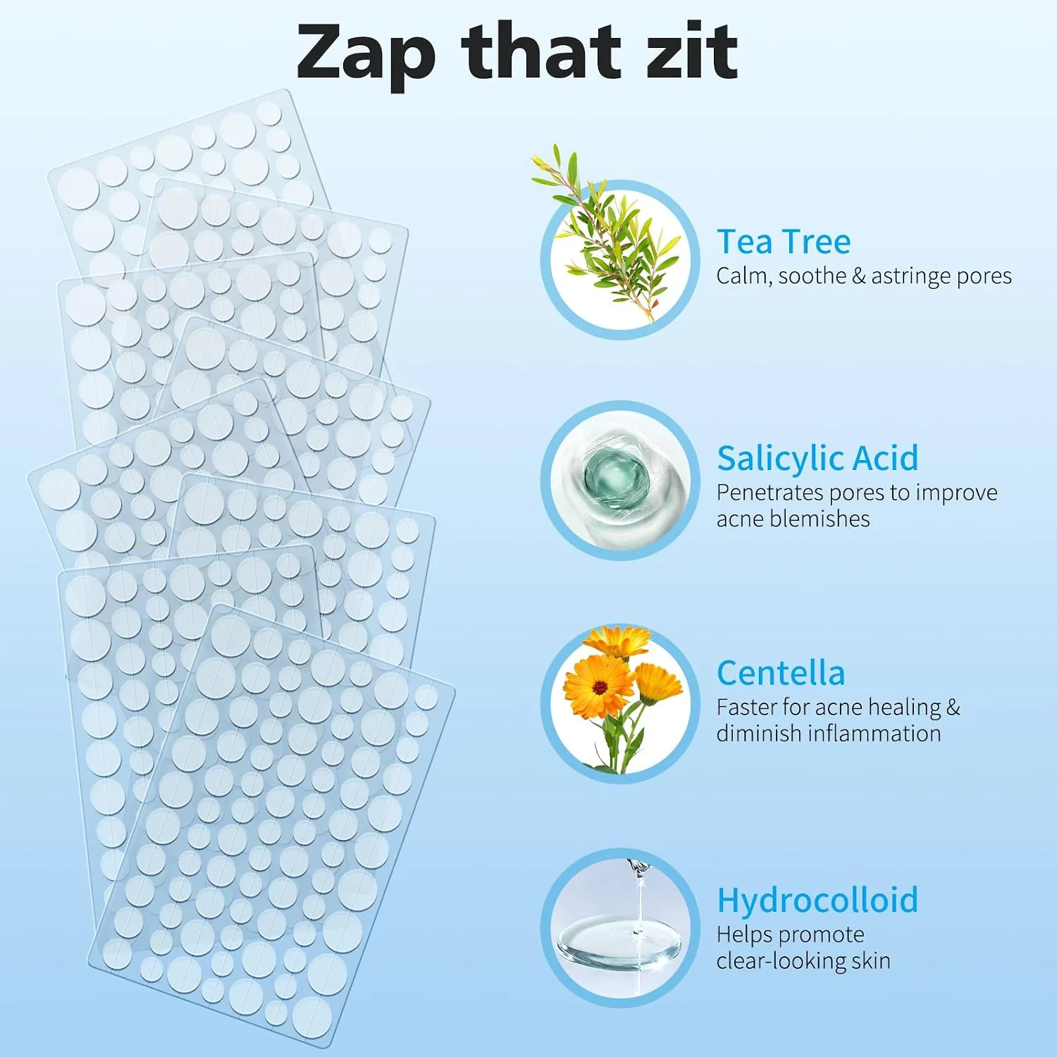 QUSTERE Pimple Patches for Face, Hydrocolloid Acne Patches, Zit Patch Covers, Spot Stickers with Tea Tree, Salicylic Acid & Cica Oil| 4 Sizes (8mm,10mm, 12mm,14mm) | 640 Count