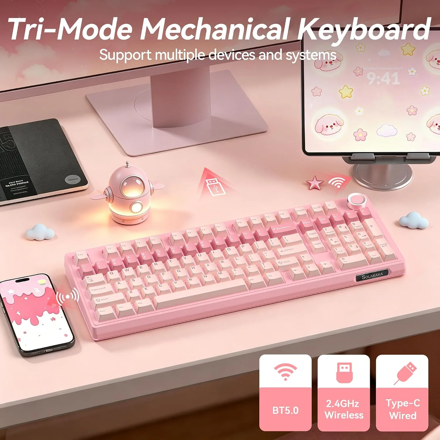 SOLAKAKA KI99 Pro 96% Wireless Mechanical Keyboard (Pink, Silent Switch)