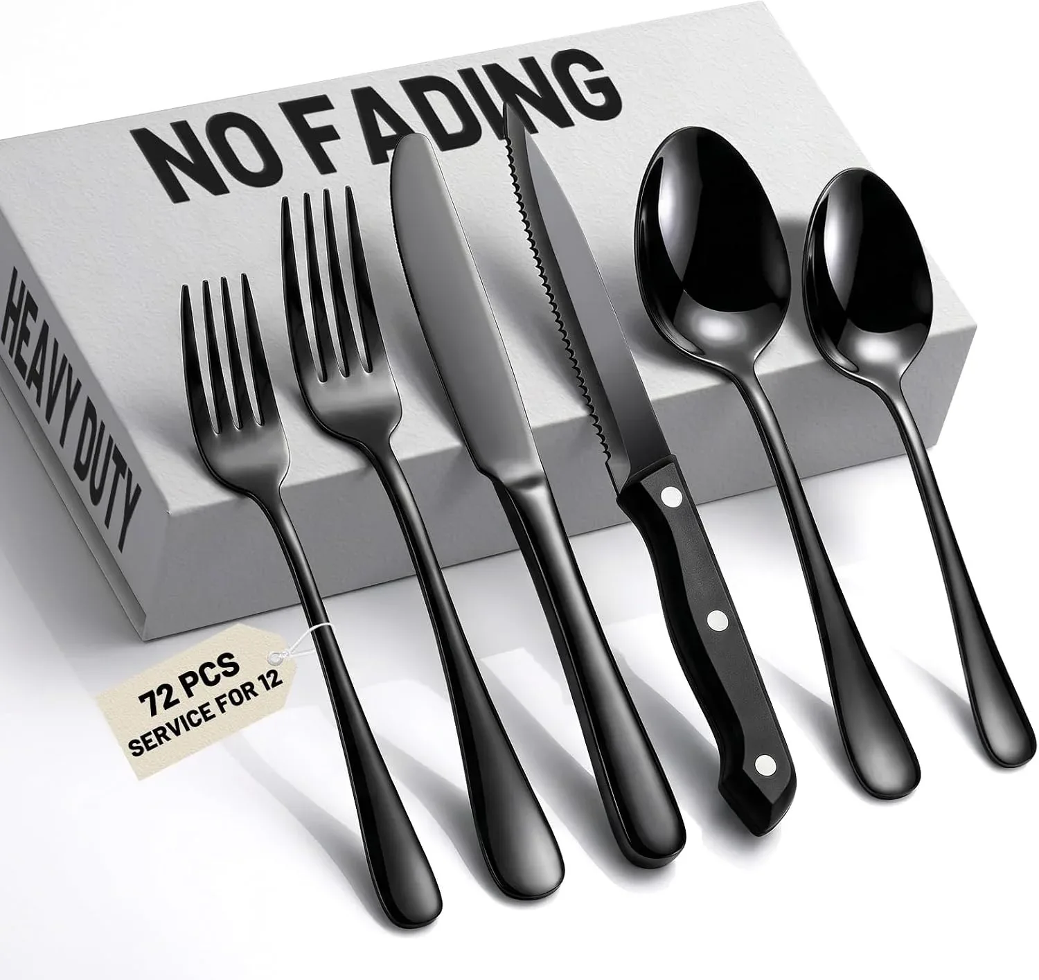 72 PCS NO-FADING Black Silverware Set with Steak Knives-Flatware for 12