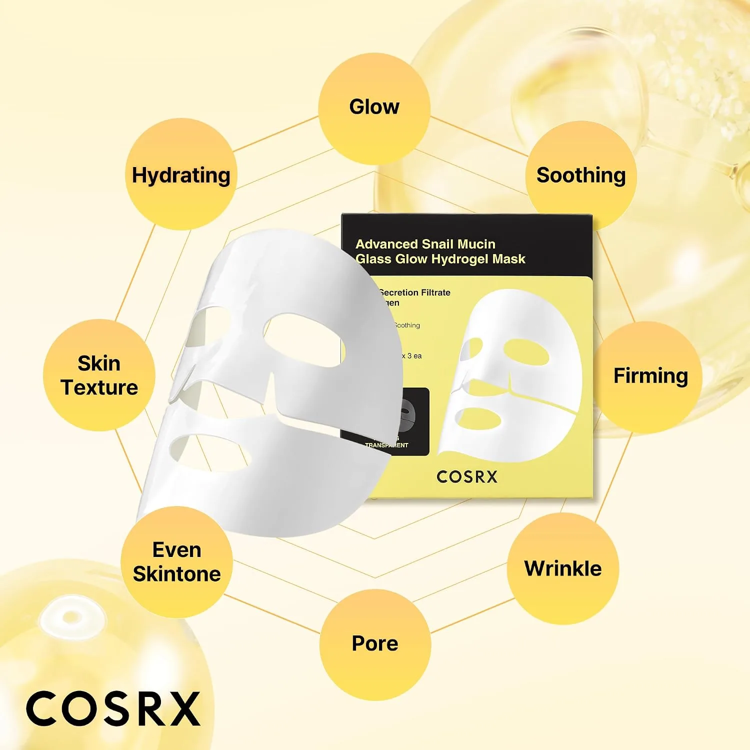 COSRX Advanced Snail Mucin Glass Glow Hydrogel Face Masks Skincare 3 EA