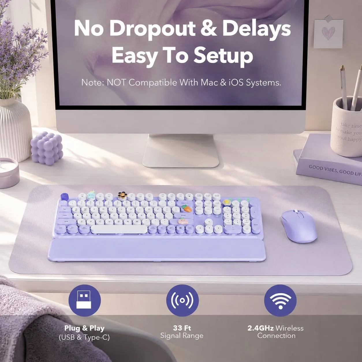 Wireless Keyboard and Mouse, Round Keycaps, Magnetic Wrist Rest, Purple