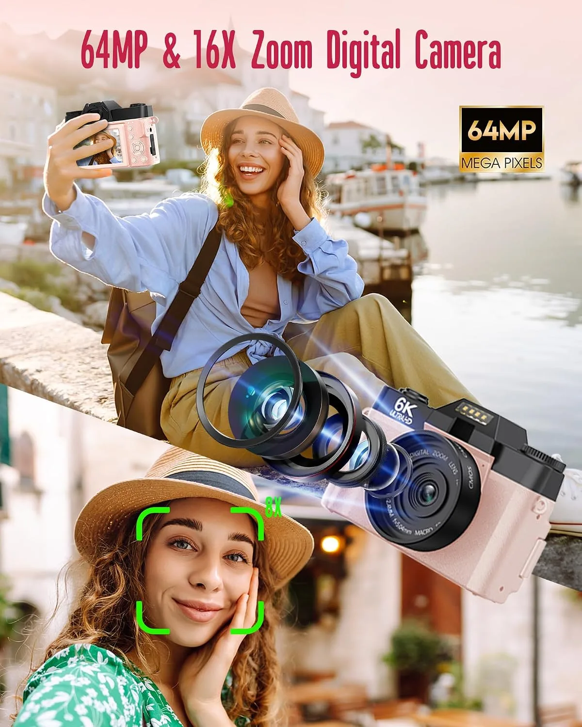 Yatao 6K WiFi Flip Screen Digital Camera, Mic & Fill Light for Photography