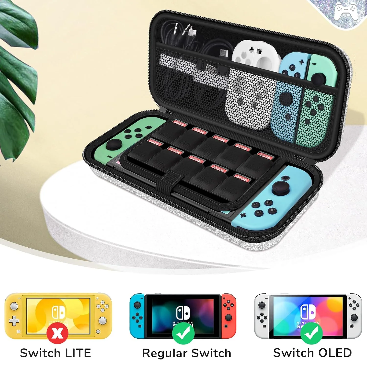 homicozy White Glitter Carrying Case for Nintendo Switch & Switch OLED