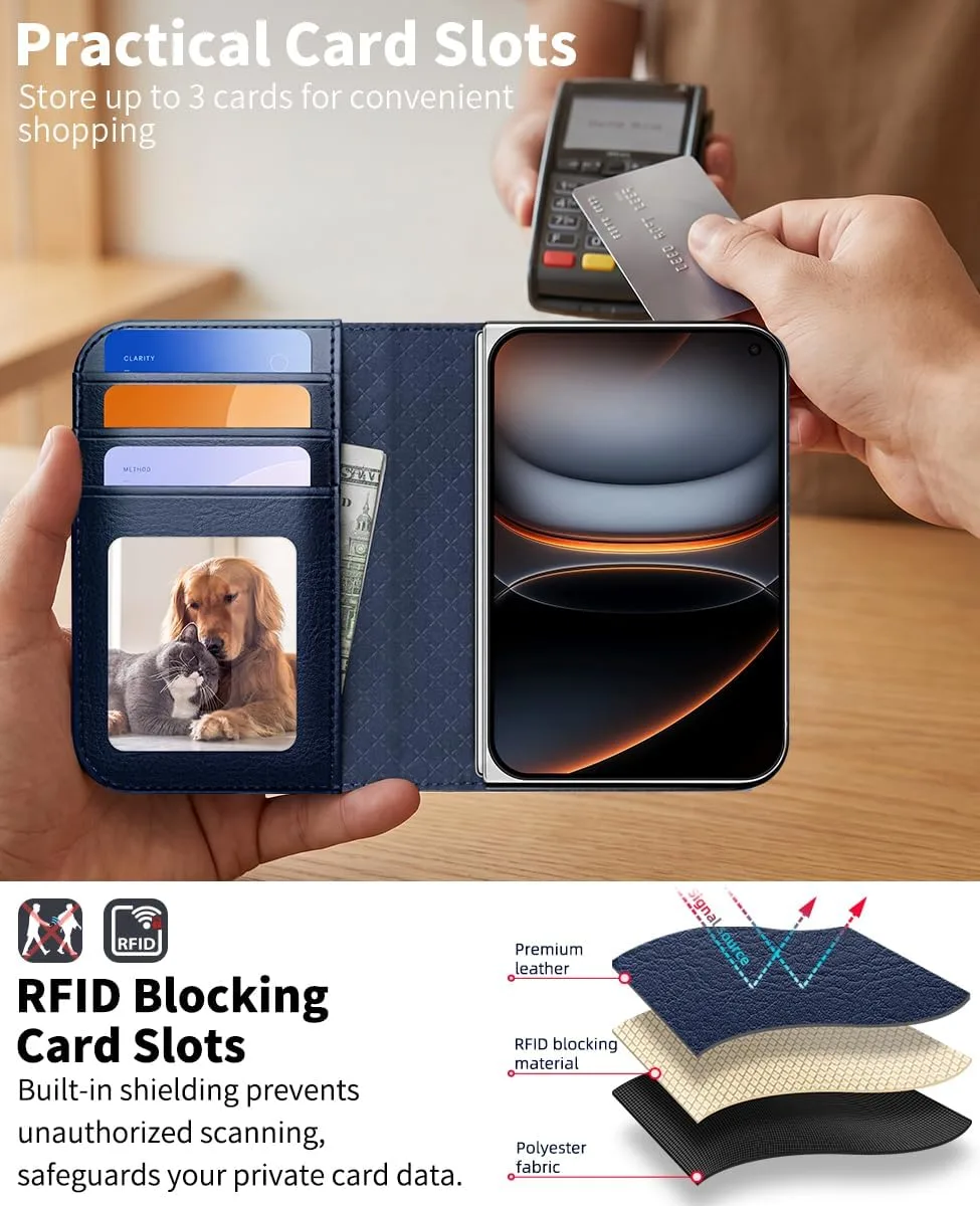 OCASE for iPhone Duo Wallet Case with Ring Stand, Card Holder, Blue