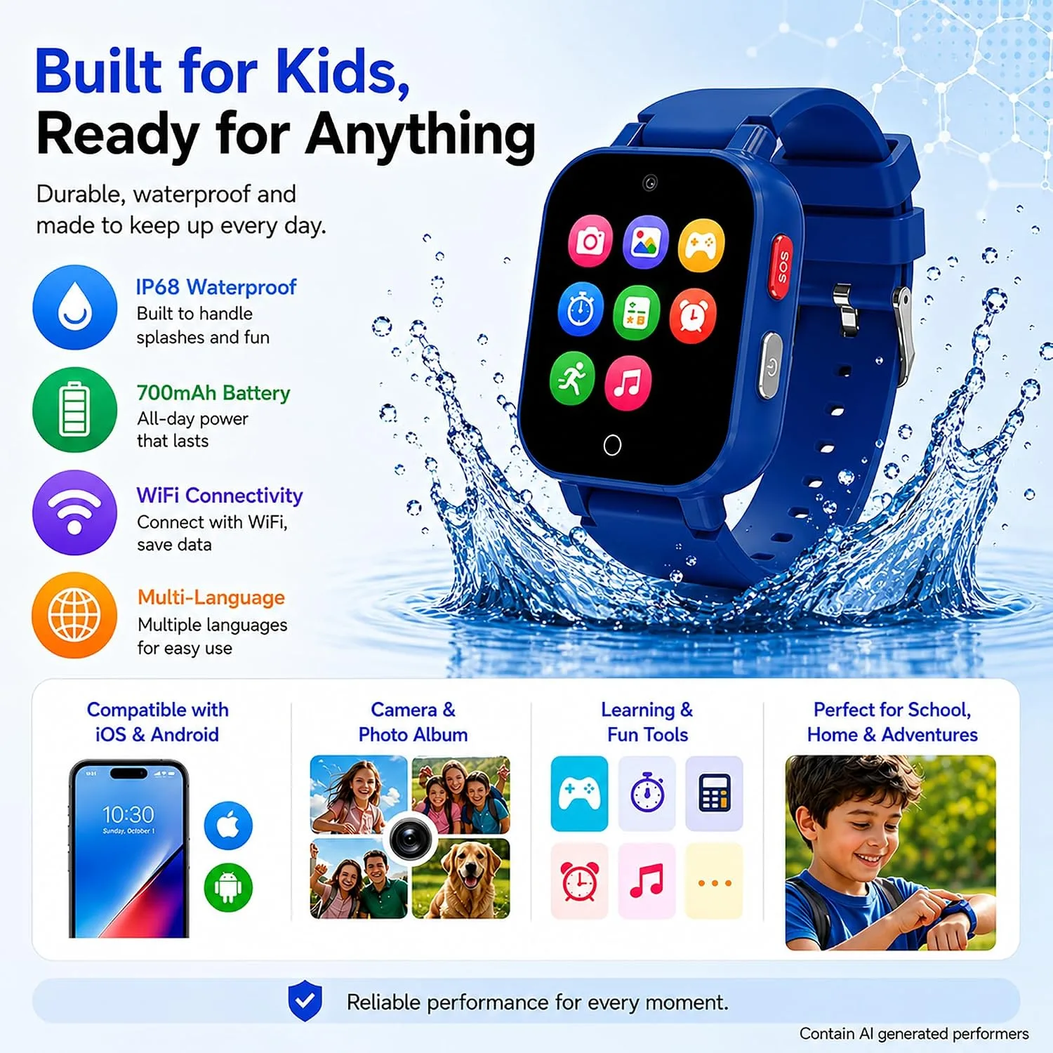 4G Kids Smart Watch with GPS Tracker, Video & Voice Call, SOS, WiFi, IP68 Waterproof, AI Smart Features, Parental Control Phone Watch for Boys Girls Age 3+ (SIM Card Included)