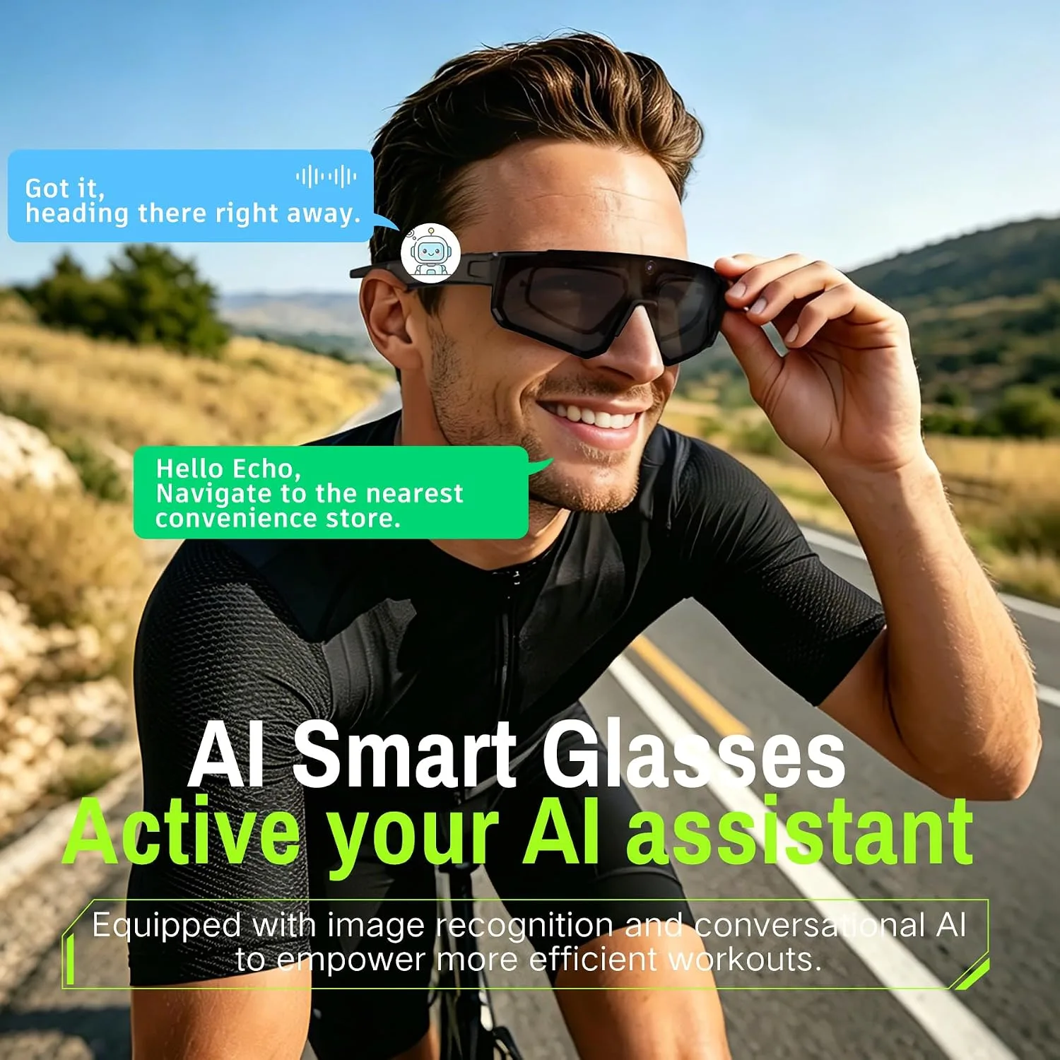 AI Smart Sports Sunglasses – 8MP EIS Camera | Real-Time Translation | Voice Control + ChatGPT | Bluetooth Calling | UV400 Polarized Lenses | IP55 Waterproof – Ideal for Cycling & Outdoor Adventures