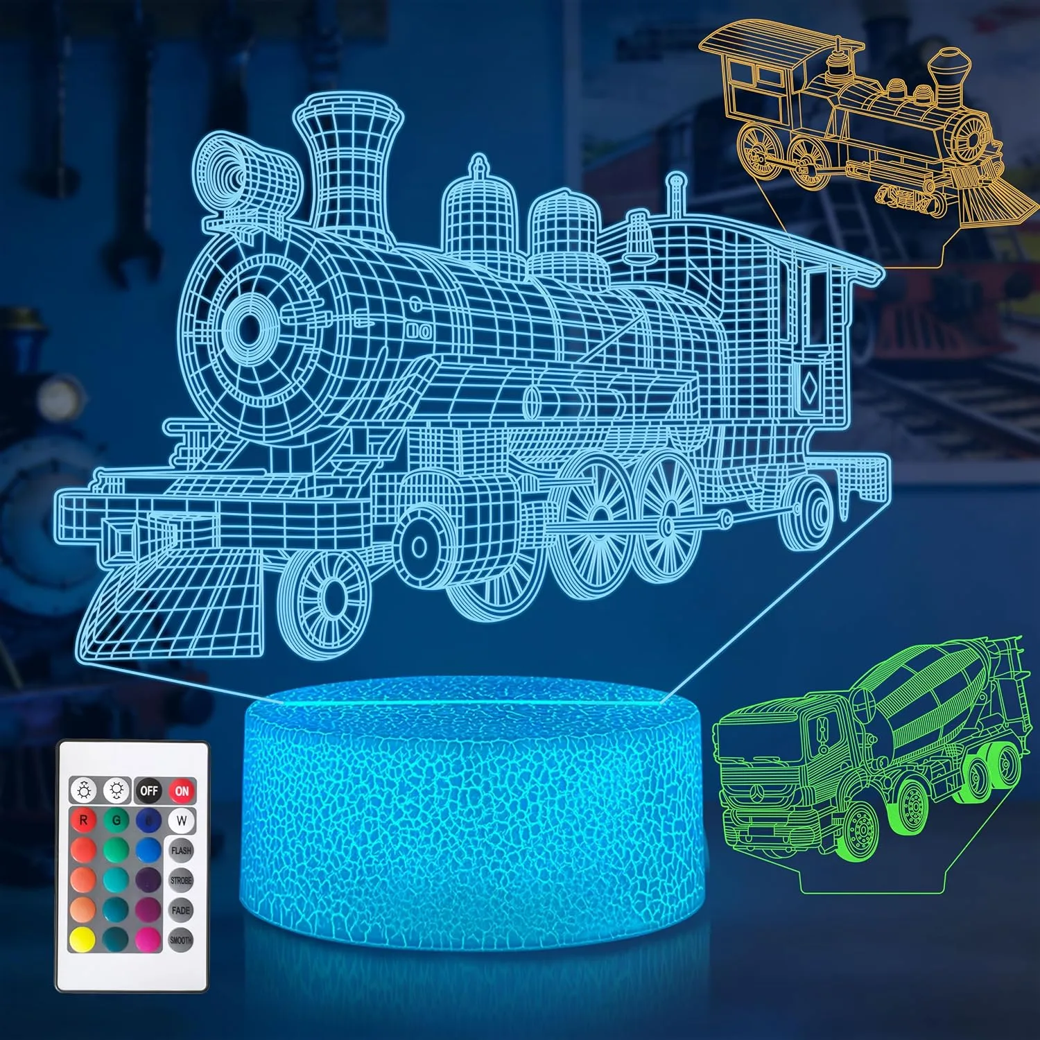 Boys Night Light with 3 Patterns, 3D Acrylic Train Illusion Lamp, Railway Themed Decor for Kids Ages 4-7, 16 Color Changing with Remote Control, Birthday & Holiday Gift for Train Fans