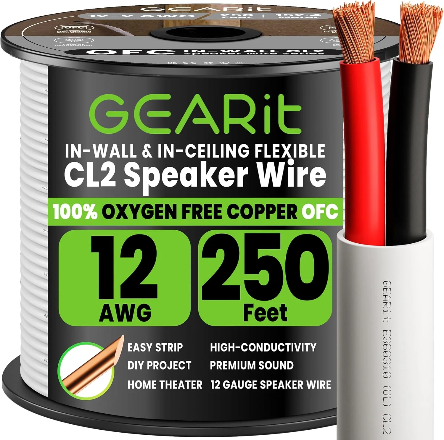 GEARit 12 Gauge Speaker Wire, UL CL2-Rated in Wall OFC Cable, 250FT 12/2