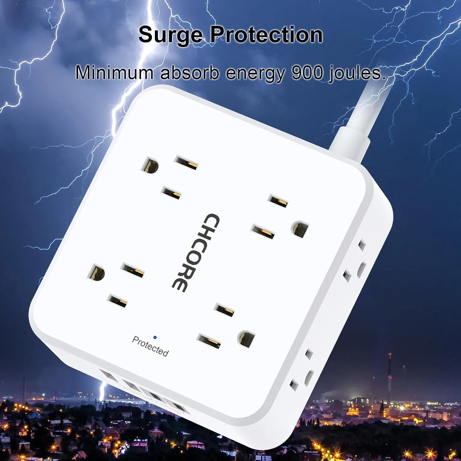 10Ft Surge Protector Power Strip - CHCORE Flat Plug Extension Cord with 8 Outlets and 4 USB Ports(2 USB C), 3 Side Wall Mount Outlet Extender for Home Dorm Room Essentials, ETL Listed, White