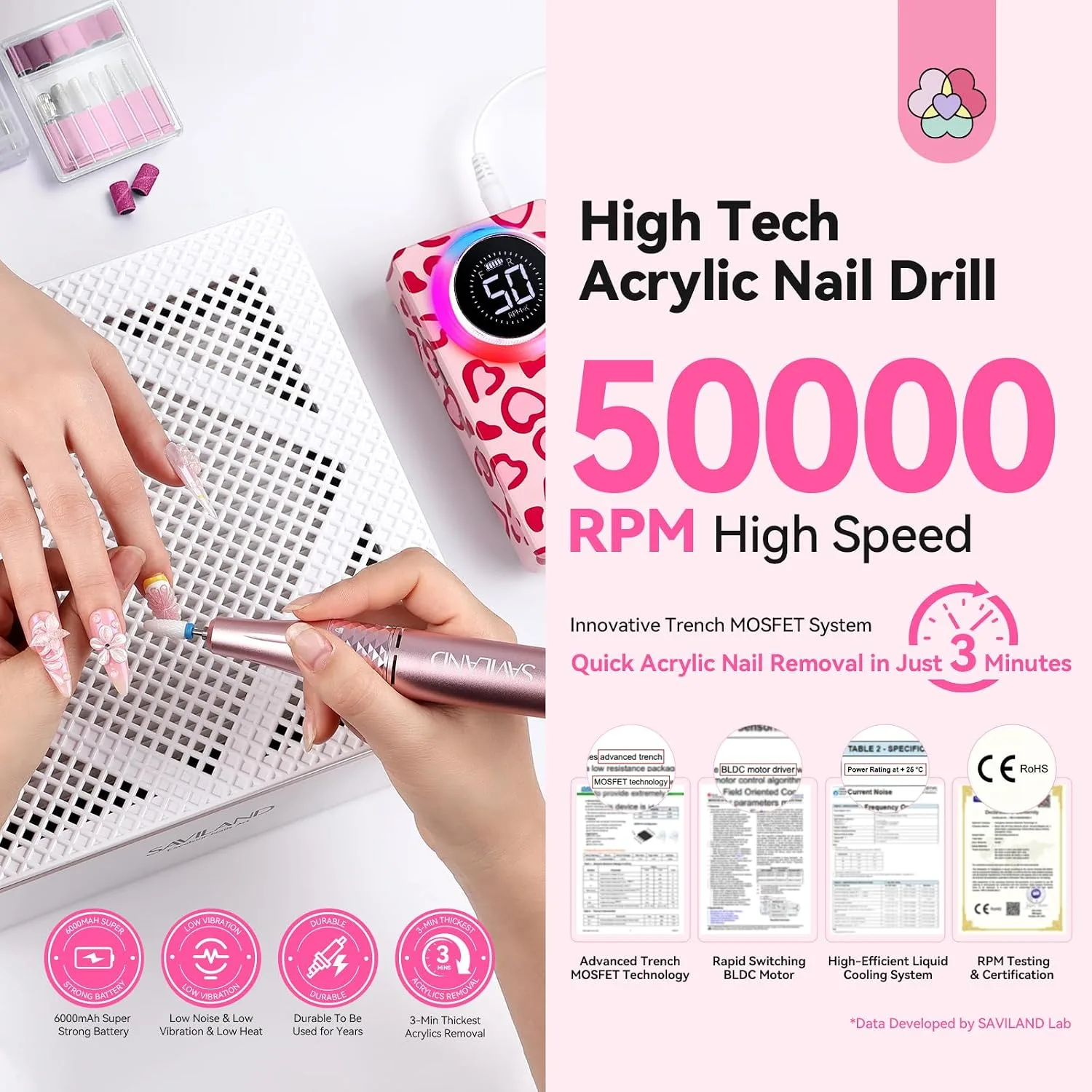 SAVILAND 50000RPM Electric Nail Drill Machine Cordless for Acrylic Nails
