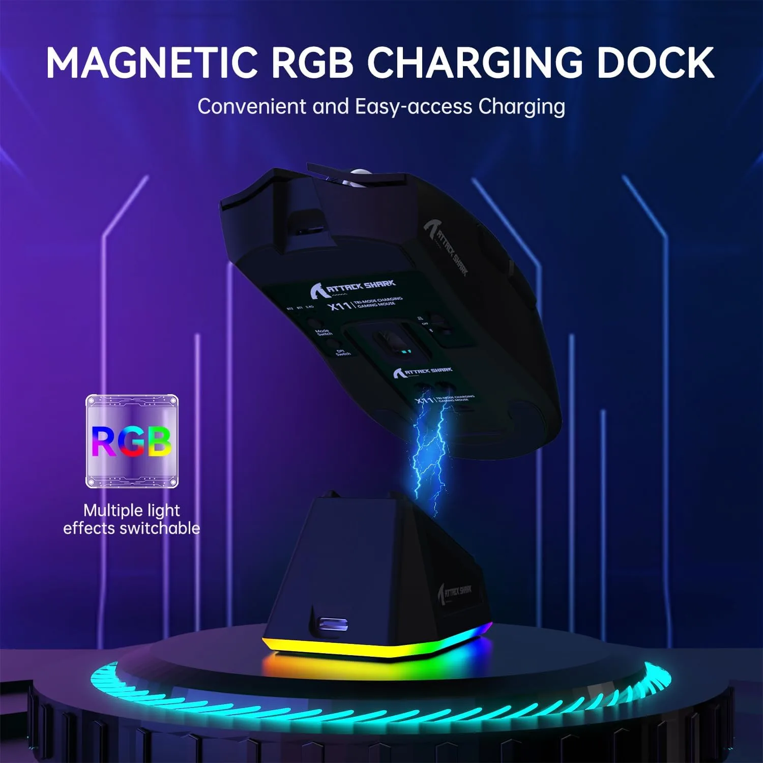 ATTACK SHARK X11 Wireless Gaming Mouse, PAW3311 Sensor, Lightweight, RGB Charging Dock, 22,000 DPI, Tri-Mode Connectivity, 5 Programmable Buttons - Black