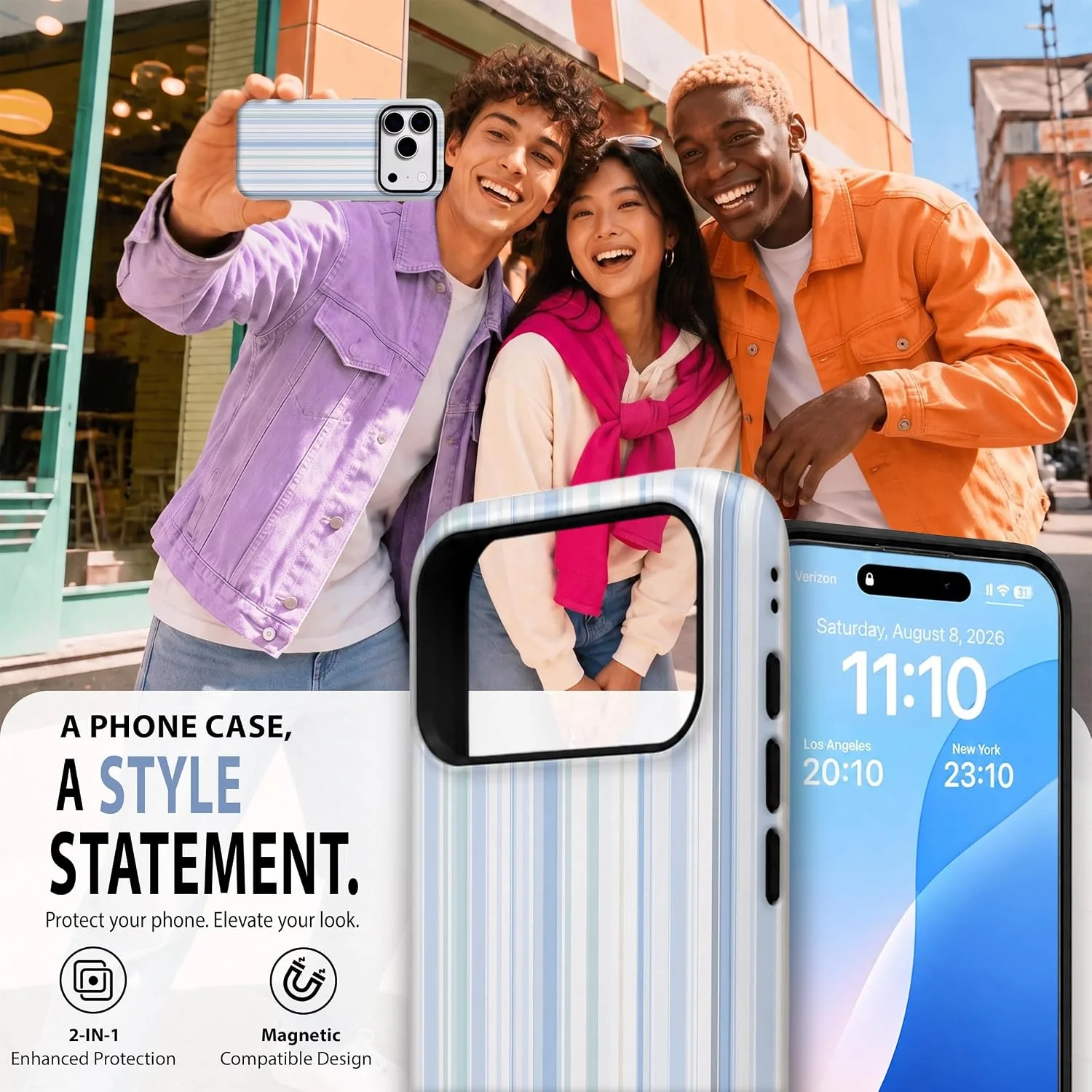 Magnetic for iPhone 17 Pro Max/18 Pro Max Phone Case, Pastel Blue Striped