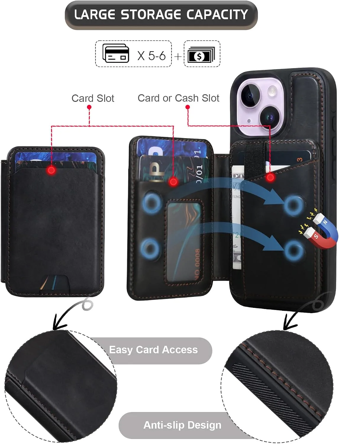 Magnetic Detachable Wallet Case for iPhone 15 with Kickstand,2-in-1 MagSafe Compatible RFID Blocking Card Holder,Slim PU Leather Cover Black
