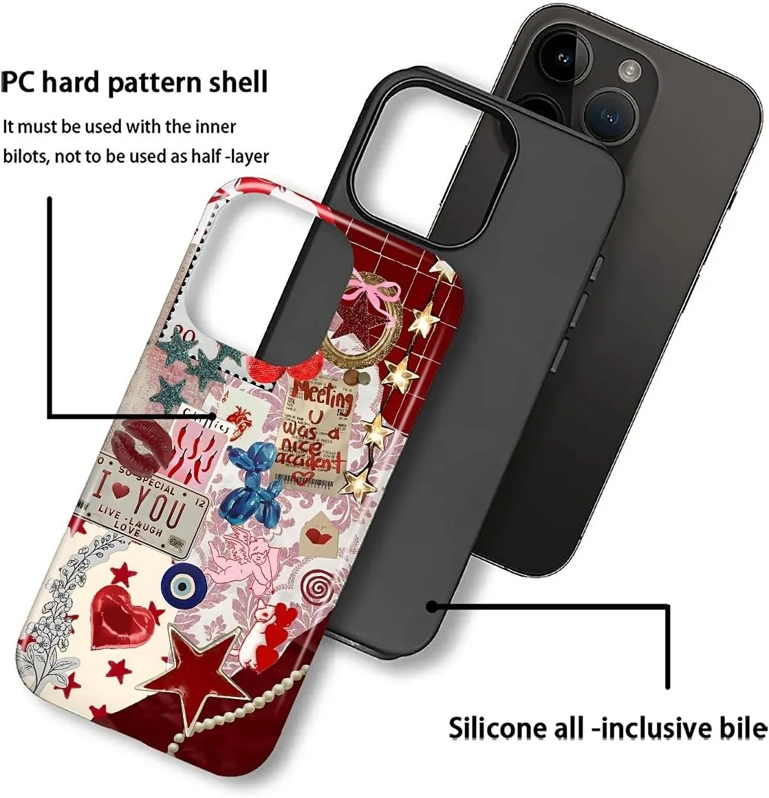 DAIZAG Case for iPhone 16 Pro,Mixed 2 Layer Design Shockproof Soft TPU Ddouble Protection Phone Case for iPhone 16 Pro-Conch Red Pearl Collage