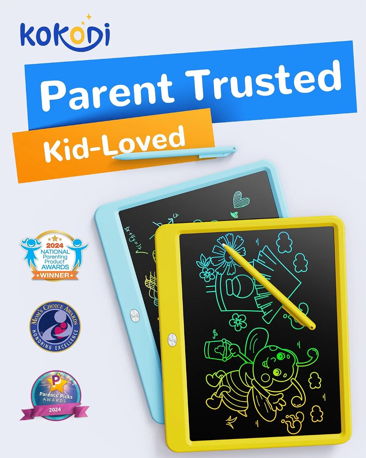 KOKODI LCD Writing Tablet, 12 Inch Colorful Toddler Doodle Board Drawing Tablet, Erasable Reusable Electronic Drawing Pads, Educational and Learning Toy for 3-6 Years Old Boy and Girls(Yellow)