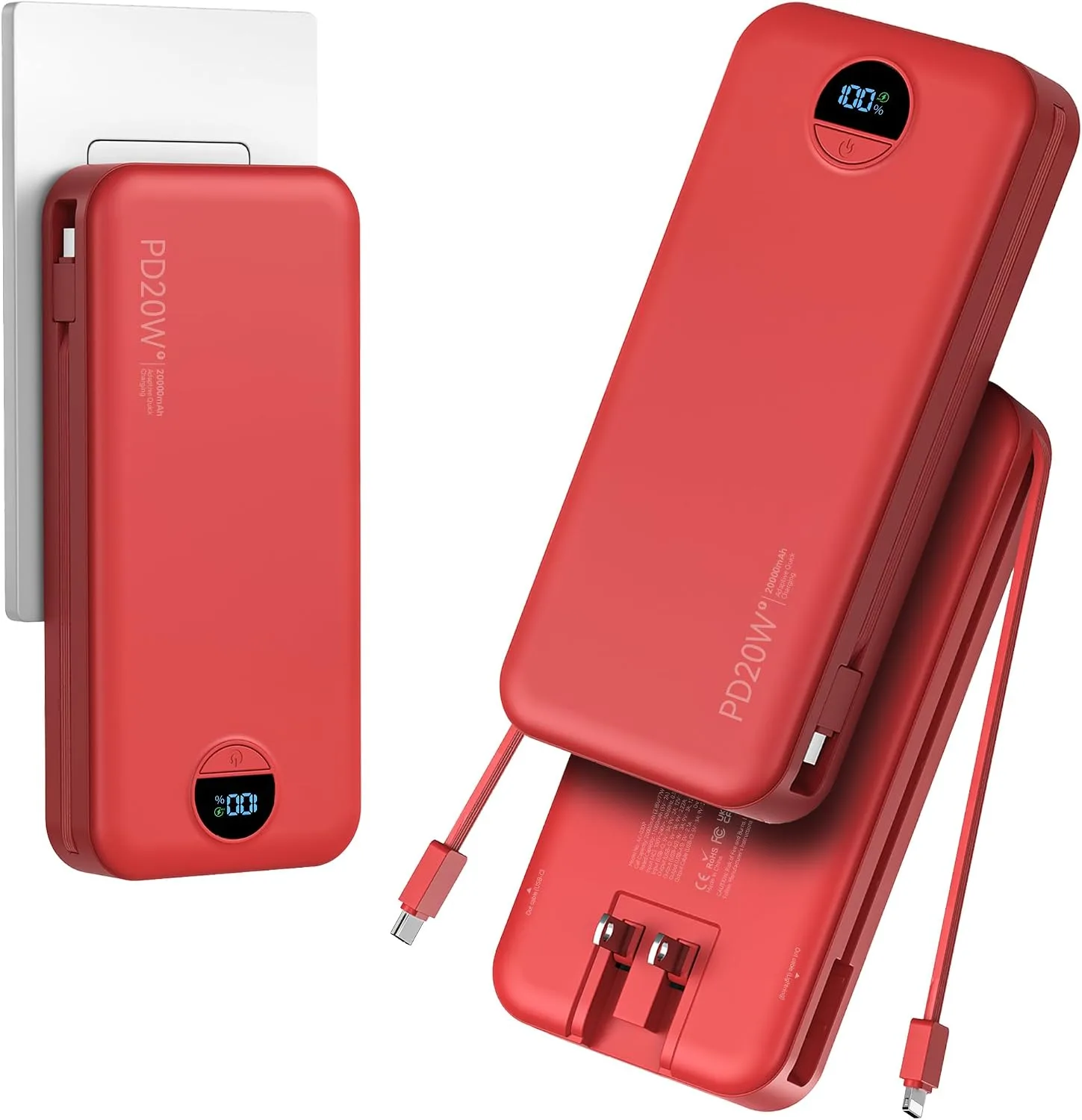 Portable Charger Power Bank 20000mAh with Built in Cables & Wall Plug