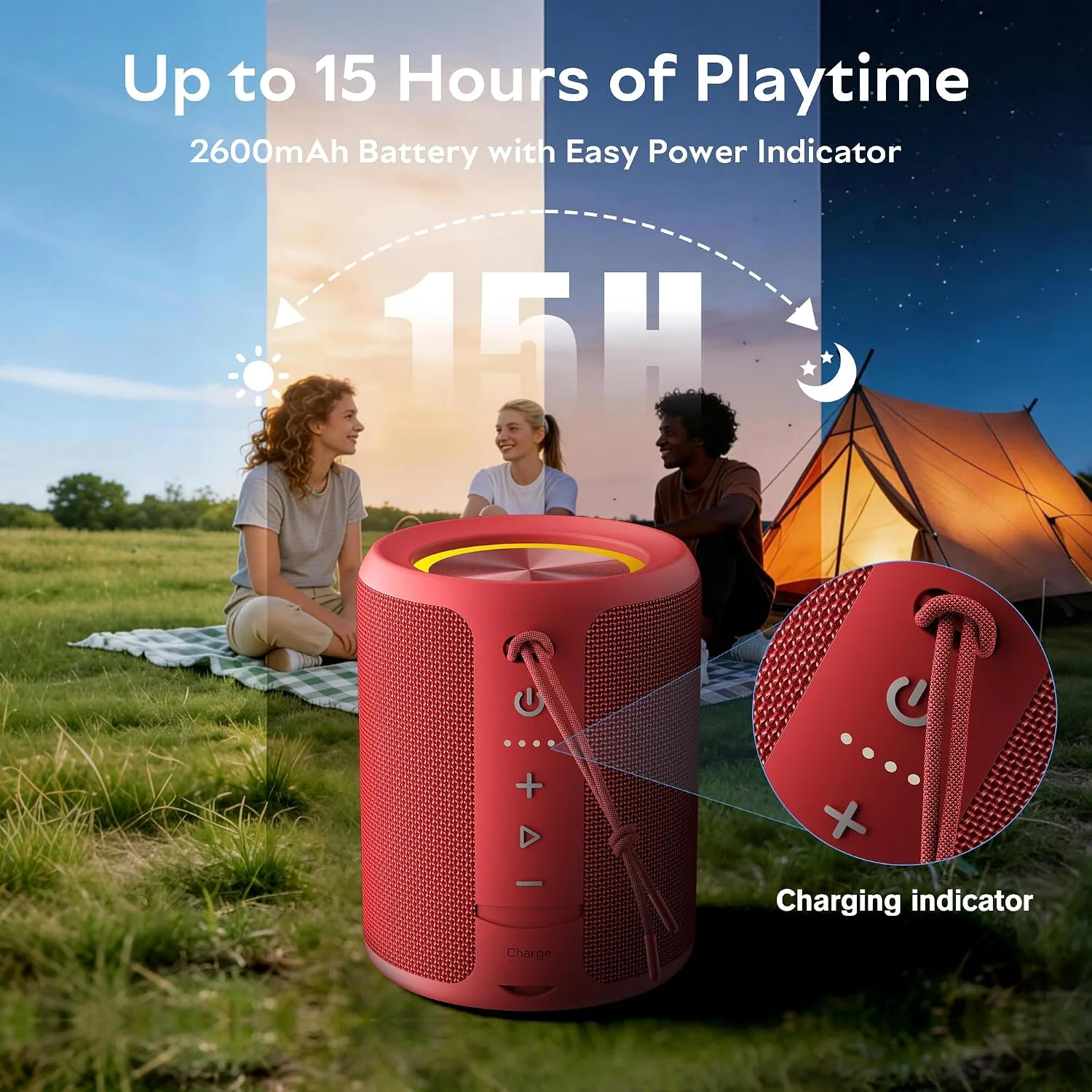 Portable Bluetooth Speaker, IPX7 Waterproof Wireless Speaker with 20W Loud Stereo Sound, 15H Playtime & Beat-Synced RGB Light, Small Outdoor Speaker for Shower, Pool, Beach,Hiking,Gifts(Red)