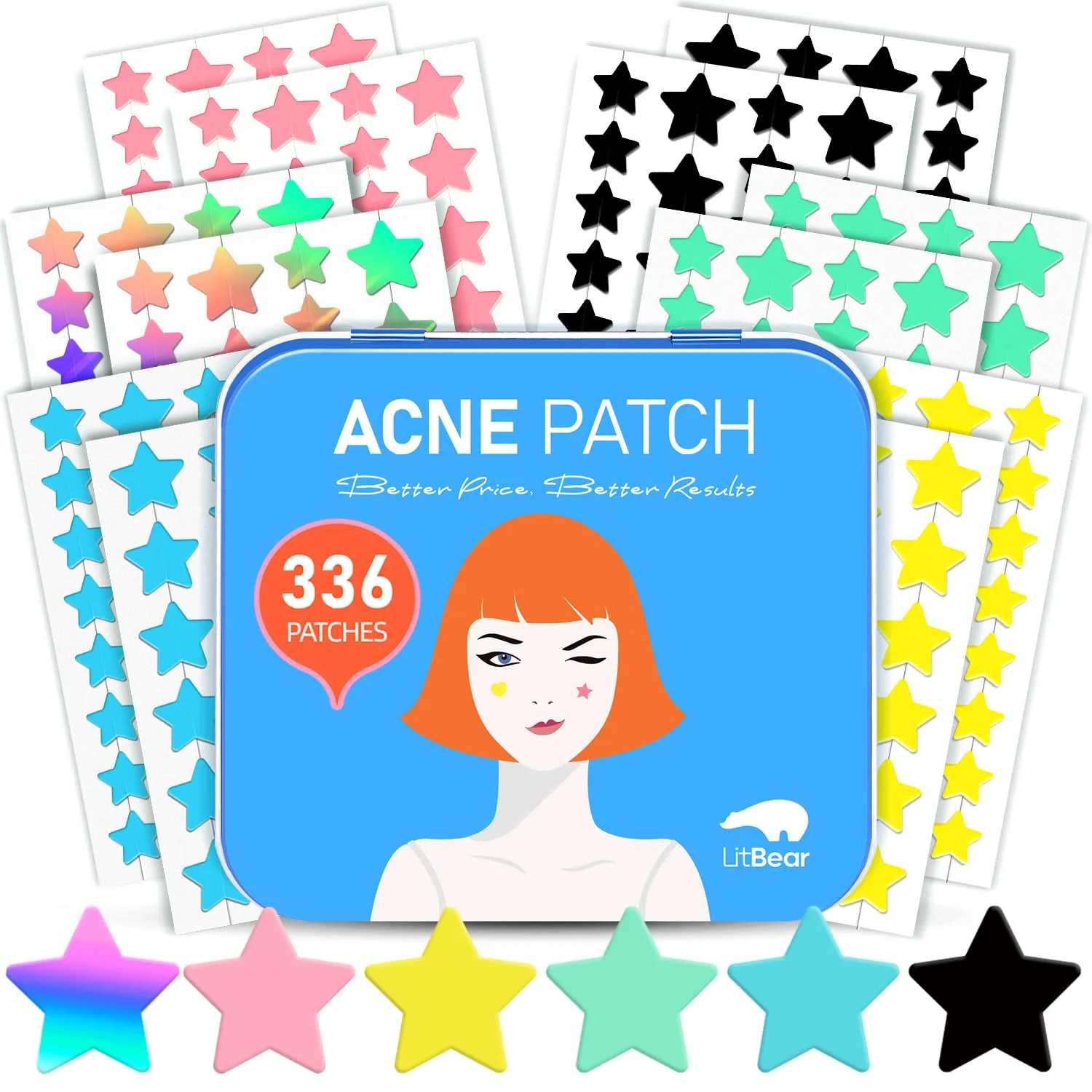 LitBear Star Pimple Patches with Case, 6 Colors 336 Dots Acne Pimple Patch with Tea Tree Oil, Hydrocolloid Acne Pimple Patches for Face Cute Zit Patches Pimple Stickers Acne Dots