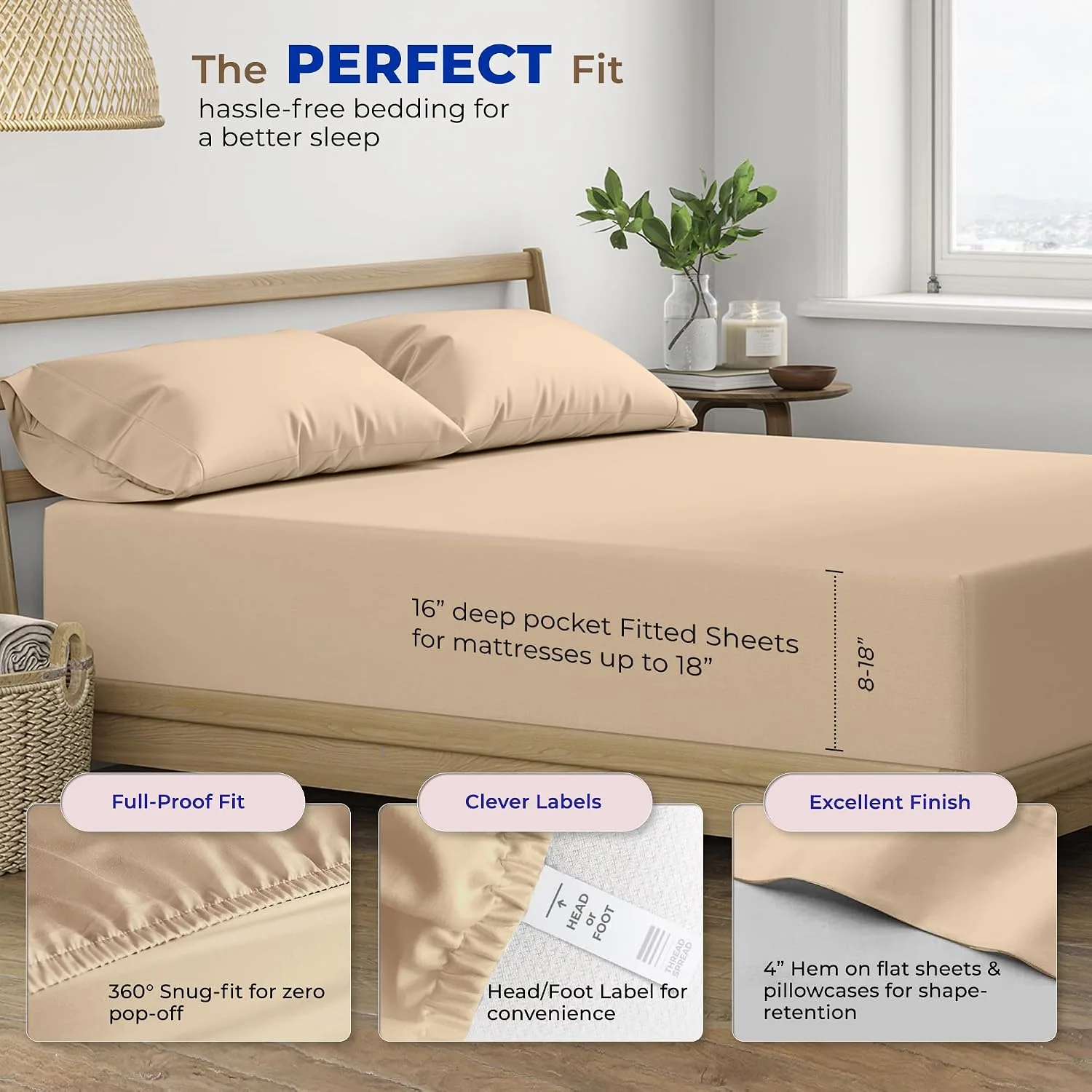 THREAD SPREAD Egyptian Cotton Sheets King Size - Luxury 600 Series King Size Sheets Set (4 PC, Taupe), 16" Deep Pocket All Around Elastic, Soft, Cooling, Sateen Weave, Durable Hotel Bed Sheet Sets