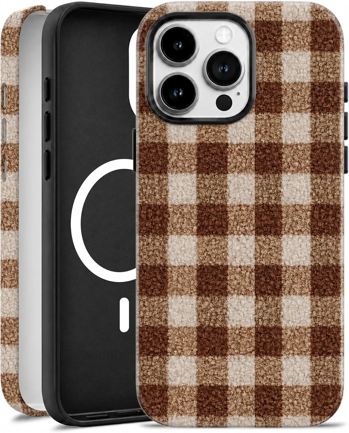 Funda magnética Elystara para iPhone 15 Pro diseño cuadros marrón