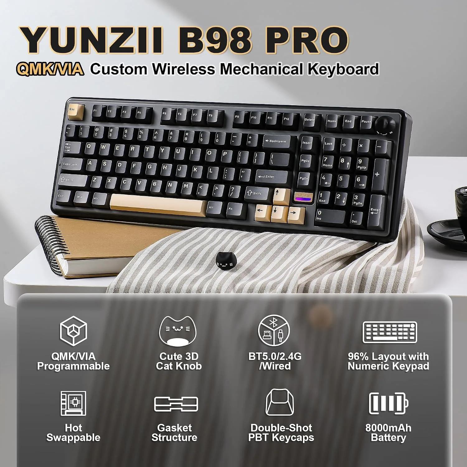YUNZII B98 PRO 96% Wireless Mechanical Keyboard (Black, Candy Switch)
