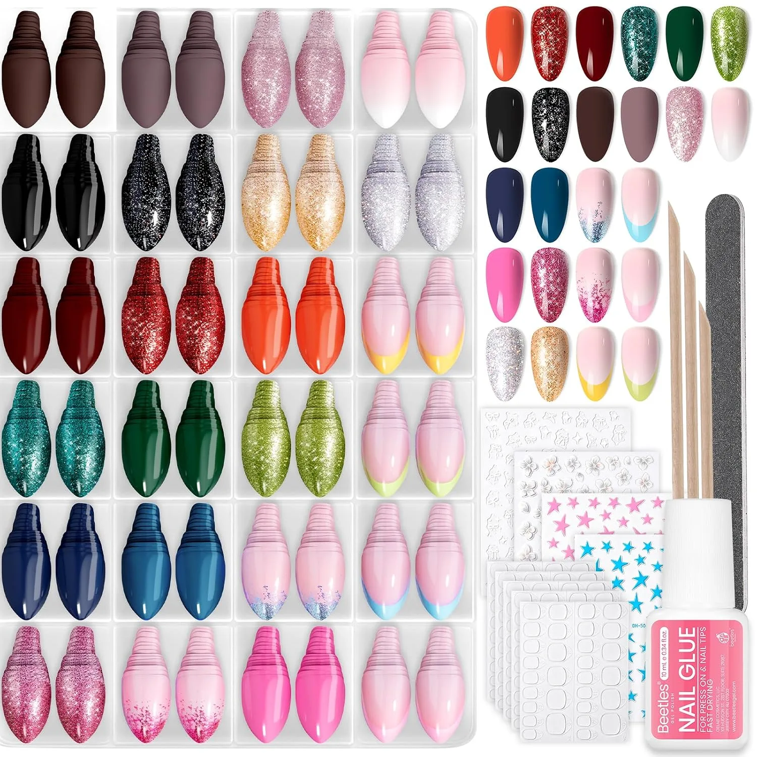 Beetles Short Almond Press On Nails Kit 720PCS, 24-Color Bright Mix
