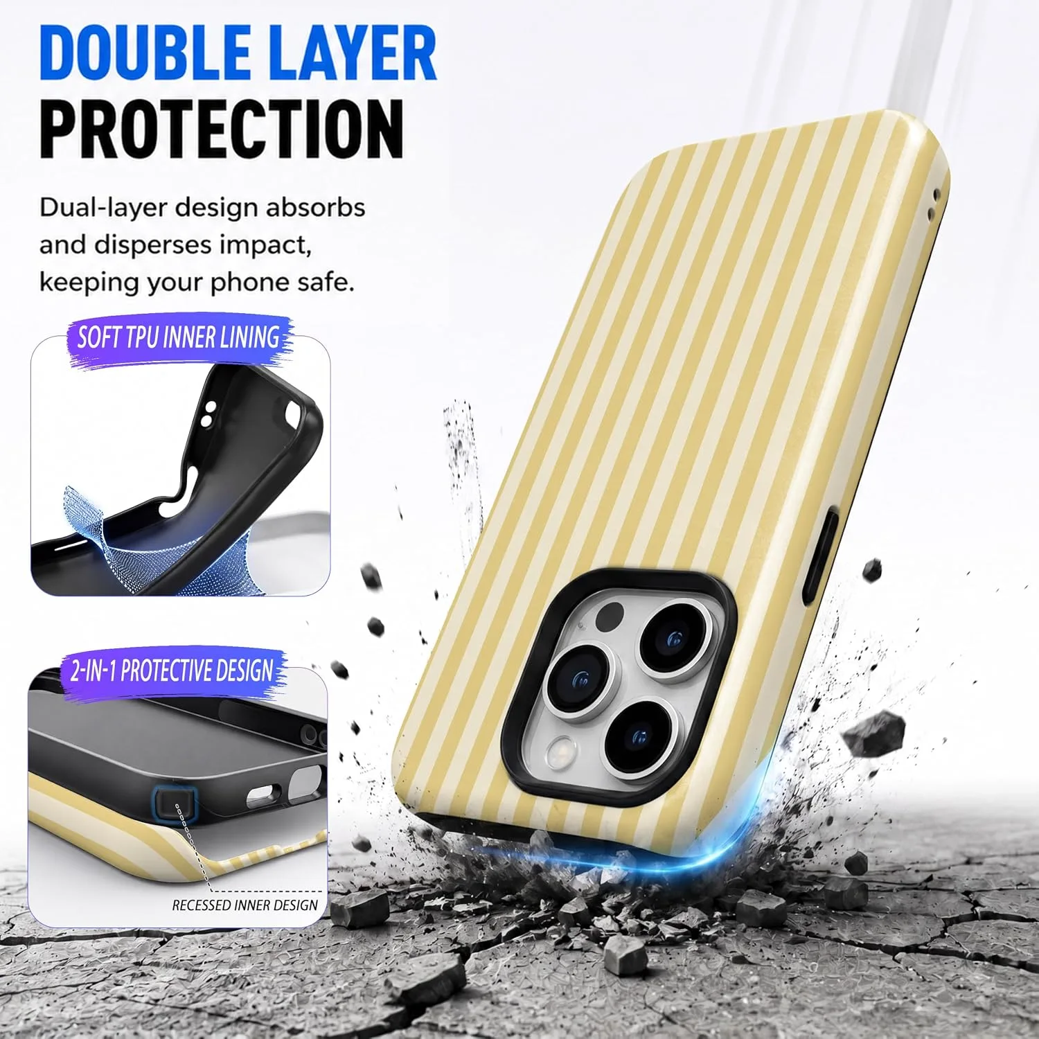 Magnetic for iPhone 15 Pro Phone Case, Chic Butter Yellow Striped